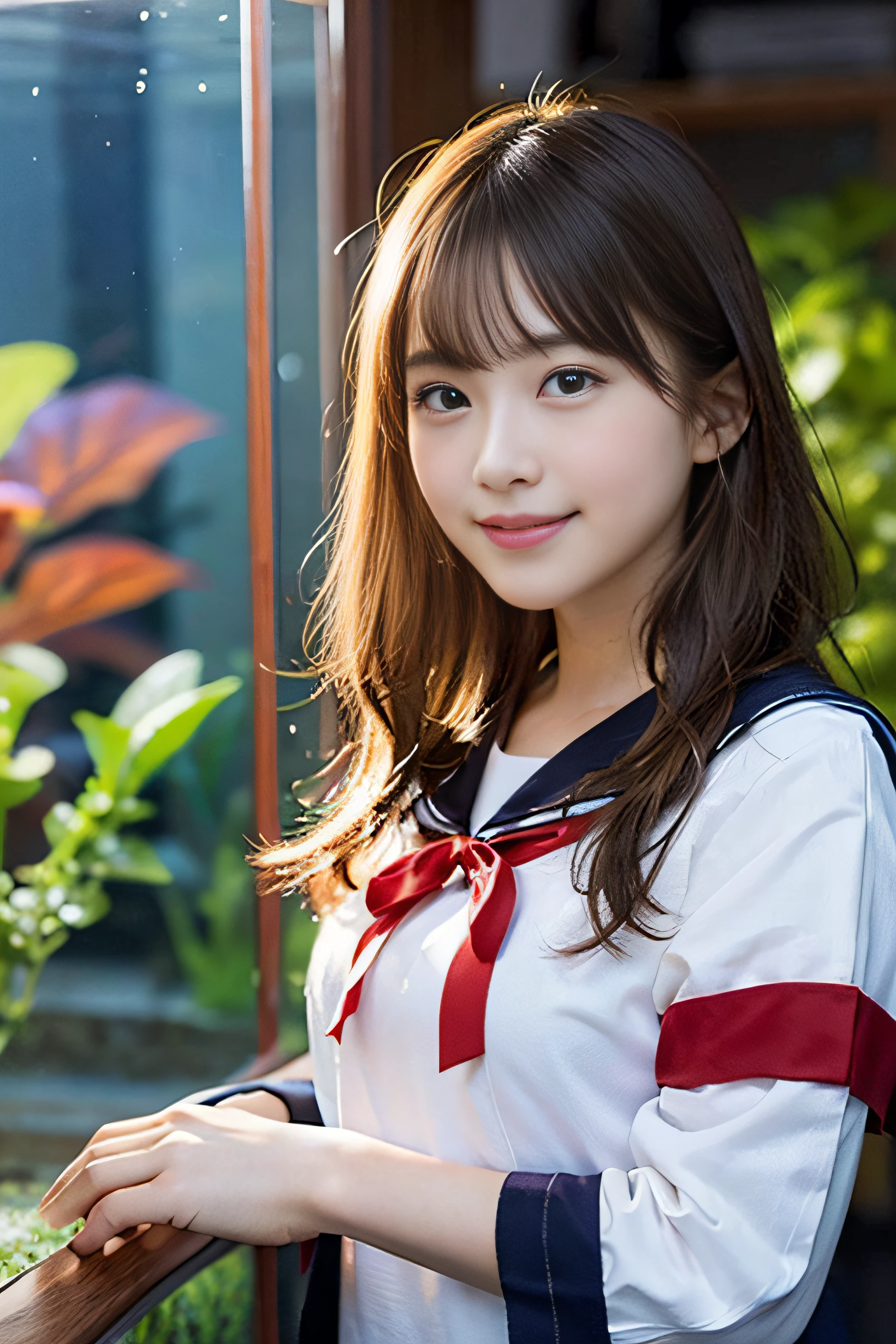 (8K、Raw photography、top-quality、​masterpiece:1.2)、(realisitic、Photorealsitic:1.37)、ultra-detailliert、超A high resolution、女の子1人、see the beholder、beautifull detailed face、A smile、Constriction、(Slim waist) :1.3)、Beautiful detailed skin、Skin Texture、Floating hair、Professional Lighting、Whole human body、a blond、japanese hight school uniform、a sailor suit、Twin Hairstyles、E-cup、Happy smile、sixteen years old、Red ribbons、a baby face、aquariums、In front of a large aquarium