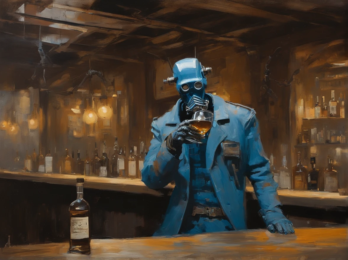 Ashley Wood（Ashley Wood）Realistic paintings created in Van Gogh's unique style，Depicted ((Blue rusty cyborg drinking whiskey in a post-apocalyptic bar)),