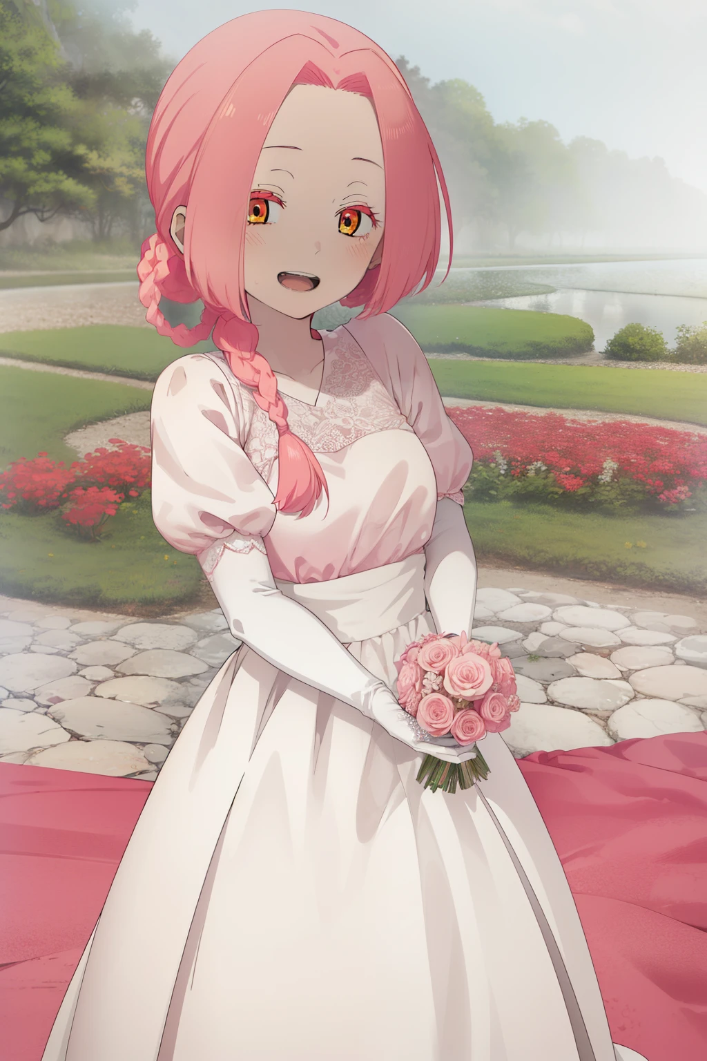masterpiece, best quality, highres, aarurutie,1girl, wedding dress, white dress, standing, garden, smile, open mouth, mei, pink hair, braid,,gloves,