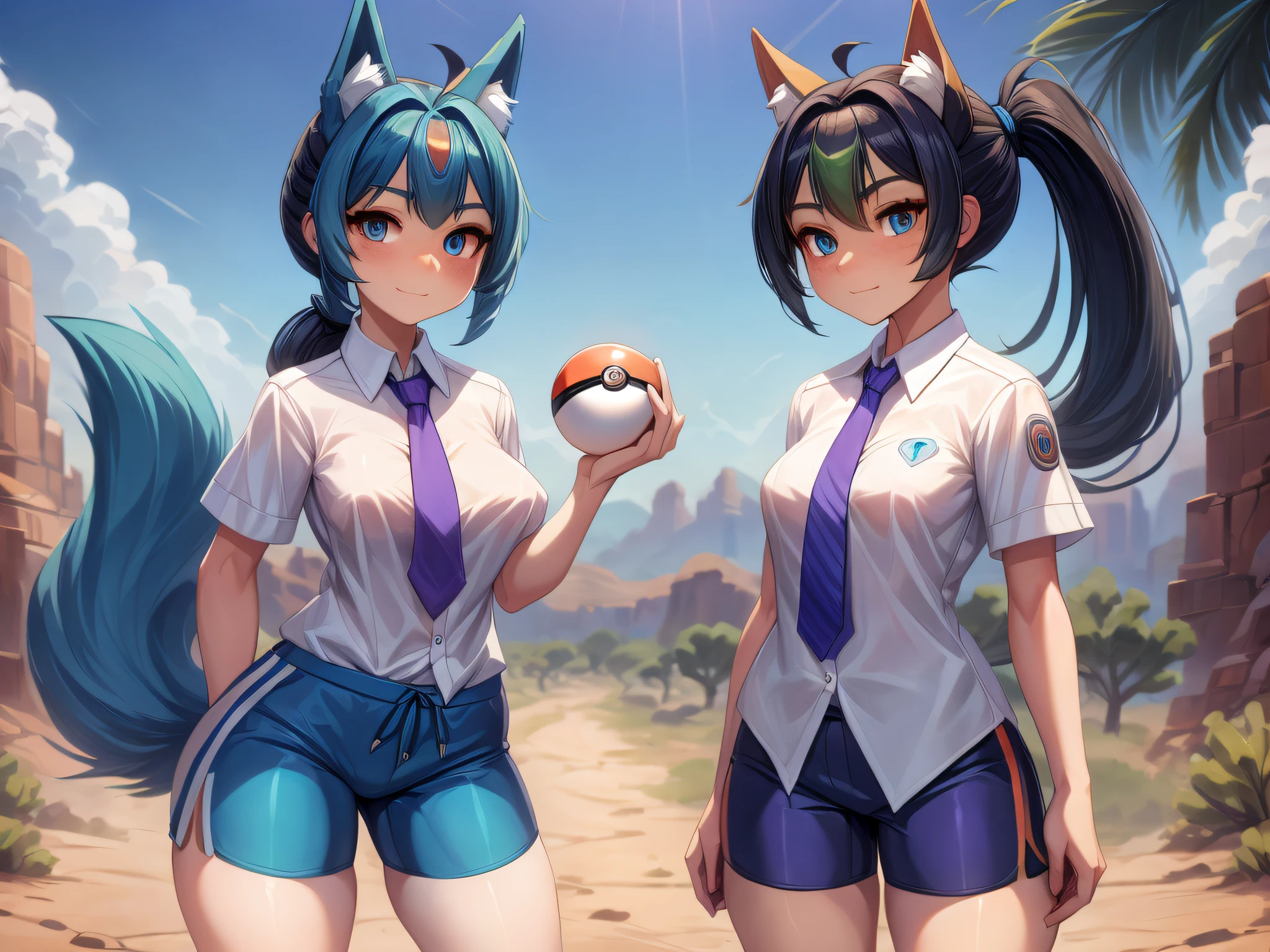 (Masterpiece) (High Detail) (High Res) Nemona, nemona \(pokemon\) a olive-skinned girl with black hair with a green streak highlight in her hair in a ponytail and is wearing orange tight shorts and a button up blouse and an orange tie, no dog ears. She is stood in the desert with A short petite humanoid girl with pale skin and blue eyes and long blue hair and blue dog ears and a big fluffy dog tail who is wearing purple tight shorts and a purple tie and a button up blouse. Holding a Pokeball.