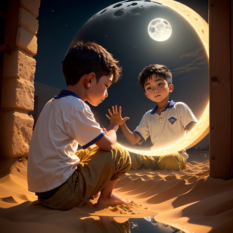 A young boy playing with sand in the evening with a reflection of moon at the back well detailed  a full shot