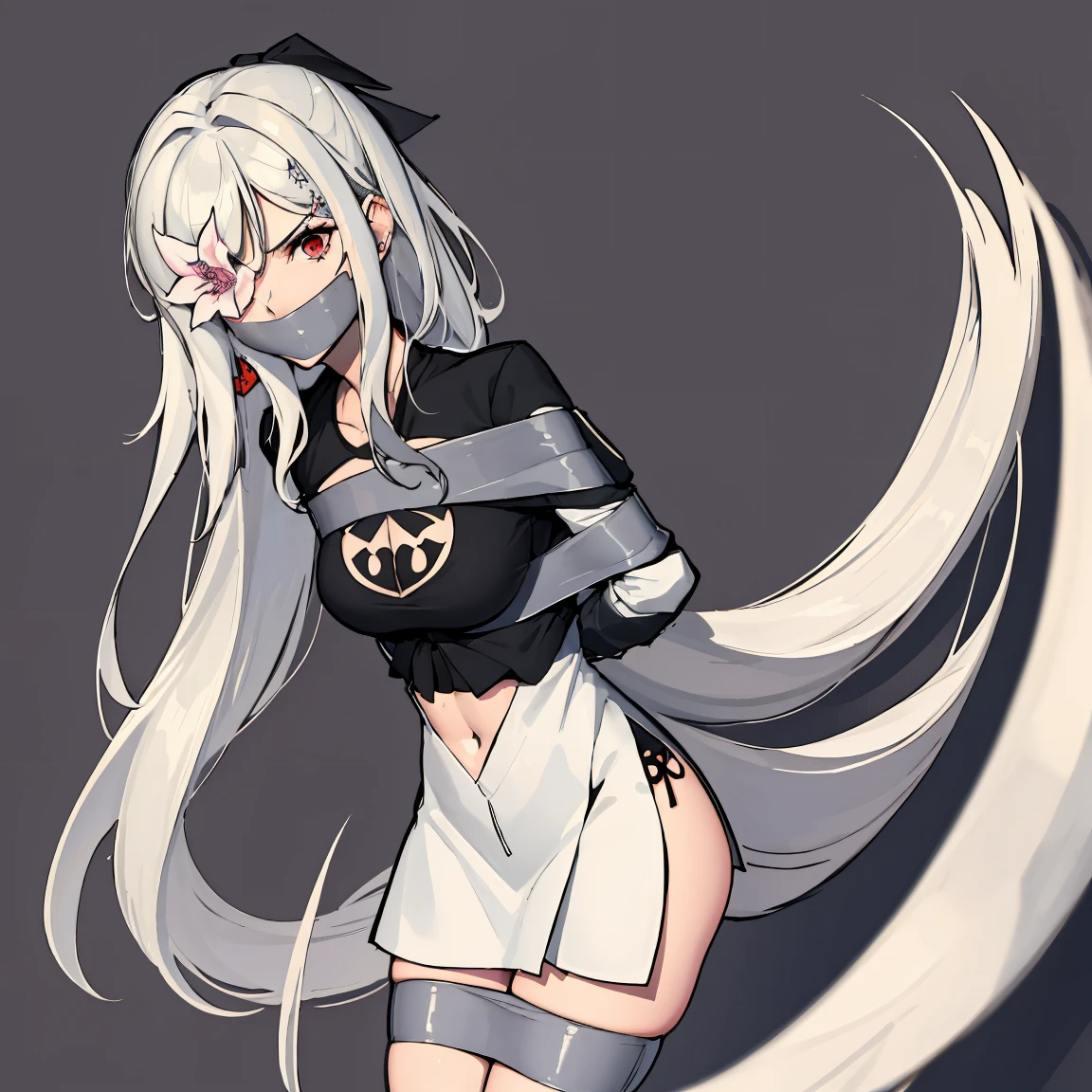 (absurdres, 8k, 4k, masterpiece, hyper extreme detailed:1.2), solo, front view portrait, best quality, portrait, solo, adult, cowboyshot, perfect anatomy, 1girl, perfect face, expressive eyes, perfect eyes, tomboy, white hair, long skirt, swept bangs, full body, WhiteOutfit, flower over eye, long hair, white hair, long hair, prosthetic arm, red eyes, black ribbon, zero, flower in eye, hands on hips, hallway background, black graphic t-shirt, white jacket, streetwear, earring, smirk, bound, bondage, (arms behind back:1.4), bdsm, tape gag, tape, tape bondage, close-up, restrained, best anatomy, half body, taped thighs, taped legs, legs together, tape wrapped, wrap gag, hair, tightly bound, tape wrapped around face, standing, t-shirt, standing up, standing against wall, white hair, graphic t-shirt