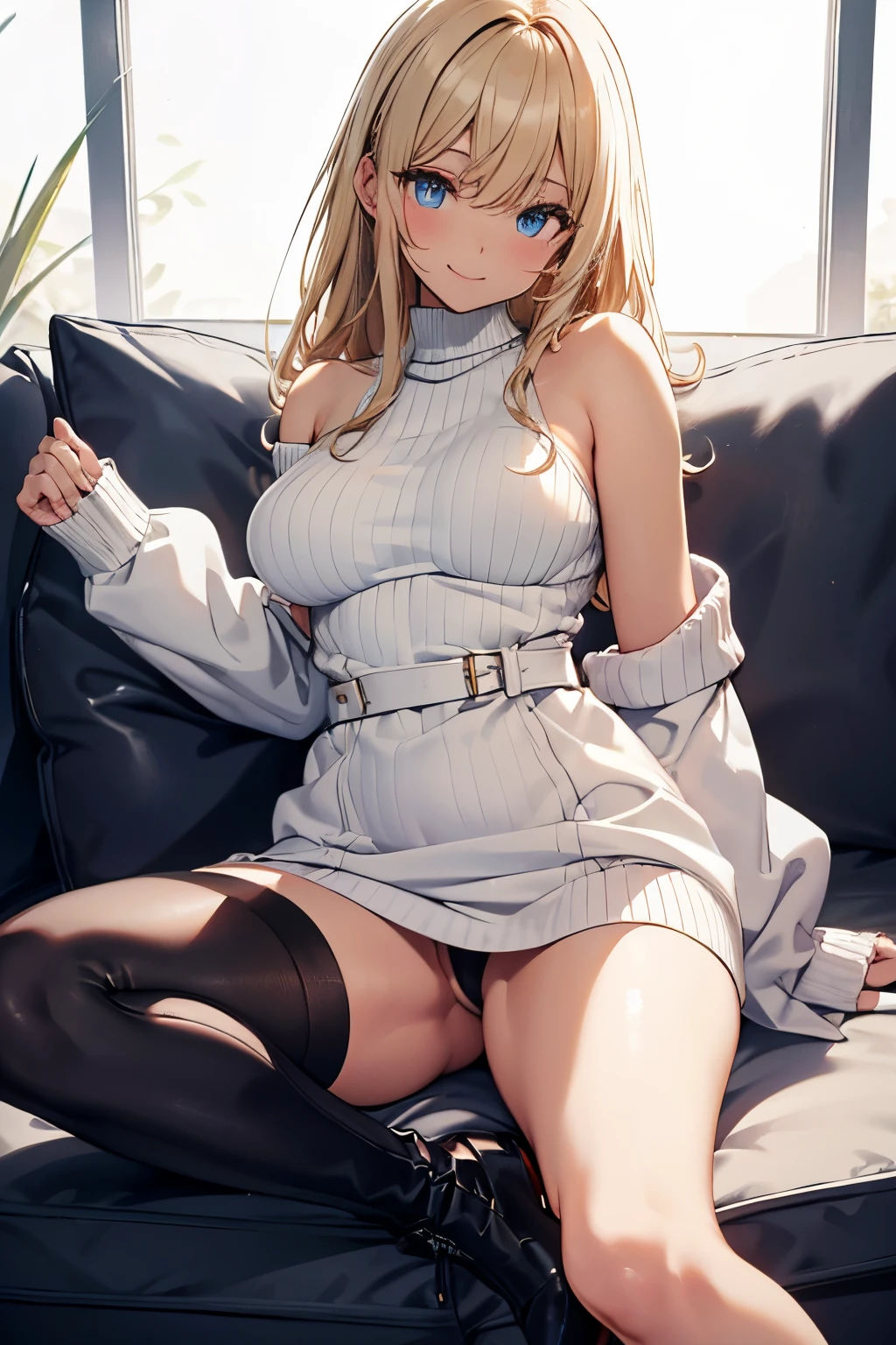 Off-the-Shoulder Sweater Dress,
An off-the-shoulder sweater
dress in a neutral, body-hugging knit,
Ribbed texture and a slightly
shorter hemline for a subtle tease,
Style with over-the-knee boots to add a seductive touch,
(dark-skinned:1.2)、ultra-detailed、(8k, RAW photo, best quality, masterpiece:1.2), (extremely detailed 8k wallpaper),illustration、professional lighting,sharp focus, depth of field、
nsfw、clear eyes、perfect anatomia、girl with、 student、smile、Plump thighs、huge tit、a smile、full bodyesbian、gals、white panty、Emphasis on the streaks of the panties、Fully exposed、Lift skirt、With both knees up and legs open(open legs:1.5)、a blond、(makeup:1.1)、black socks above the knee、Black knee high、Blue eyes、Sit on the sofa