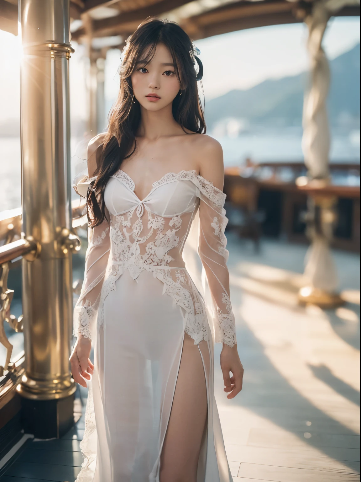 8K, Raw photo, Photorealistic, Realistic, (Detailed skin, Best Quality:1.2), (Japanese college girl standing in deck of luxury liner), ((wearing white see-through evening dress over naked, off-shoulder, lace, side slit, long dress)), ((straight long hair:1.4, one-length hairstyle), (neat face, looking away), (((small chest:1.3))), Fairer skin