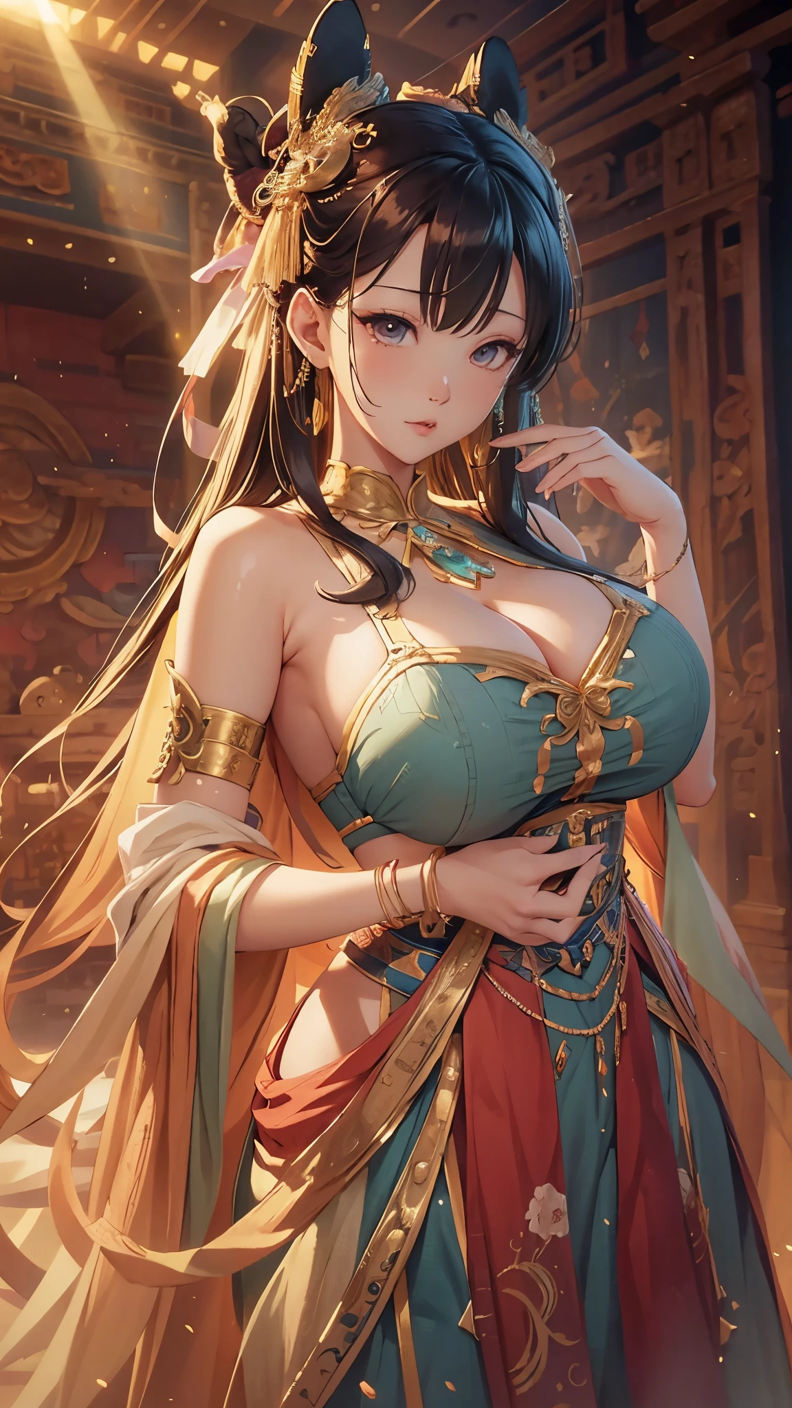 (original photo, Bestquality), (realistic, photo of-realistic:1.3 pcs), Bestquality, Extremely Detailed, a masterpiece、, Hyper-Detailed, illustration、, 1 a girl, (huge boobs，cleavage), dynamic angle, world mastery theater, cluttered_long_hair,Bestquality, extremely detailed CG unity 8k壁纸，ink，astonishing，movie lights，Lens_flare，dunhuang_style