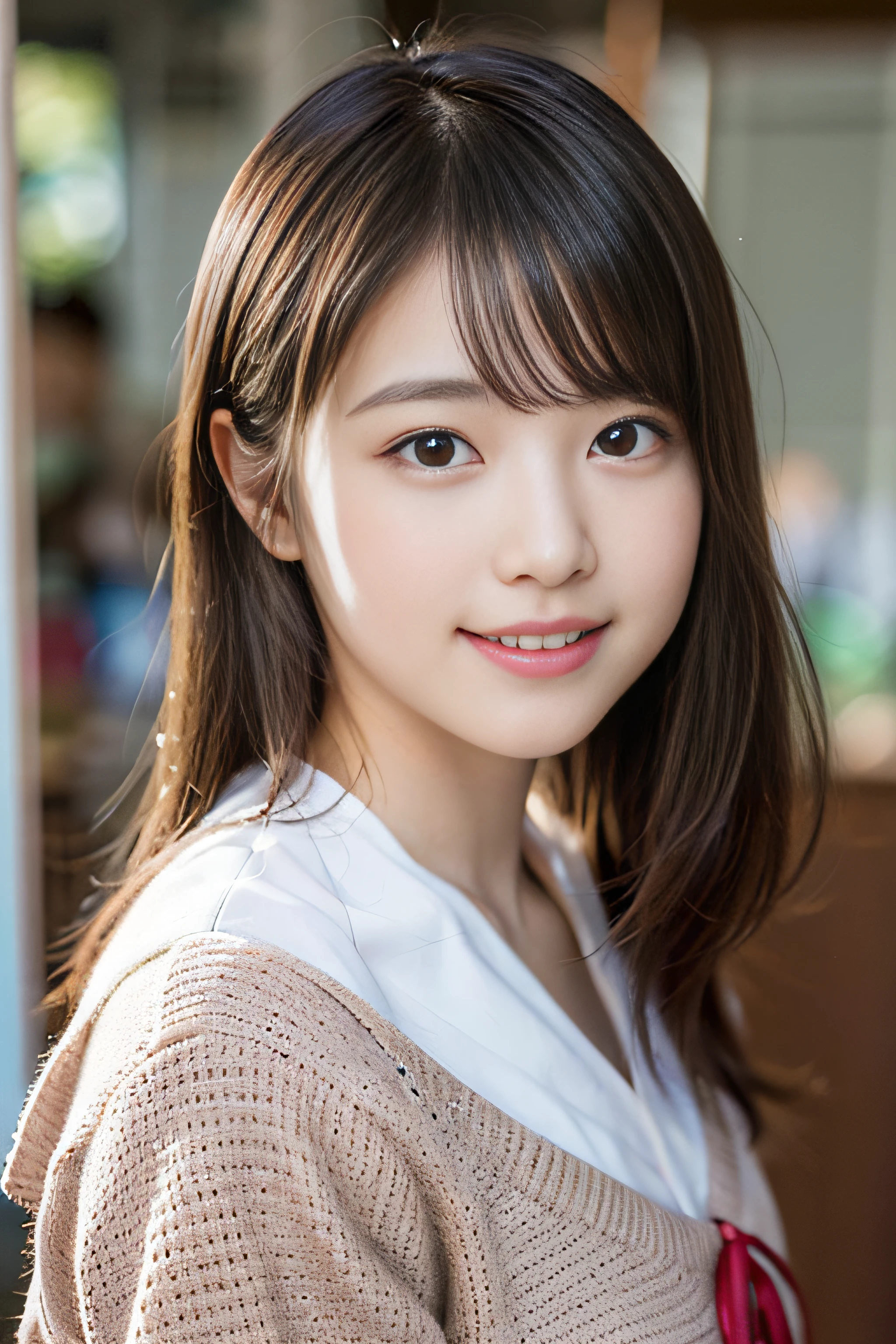 ((cute日本の少女、Cleavage、Beautiful Japanese Girl、One Girl、Not clear、19 years old、ponytail、Highly detailed face and skin texture、Sophistication、Ultra detailed face、Ultra-detailed eyes、blusher、blush、cheek、ピンクのcheekを塗った頬、frontageを向いている顔、frontageを向いている体、Looking into the camera、frontage、cute、Smooth white skin、Transparent to the touch、))、(Dark brown hair、Bans)、Beautiful woman with perfect style：1.4、Japanese Model、Young Gravure Idol、若いcuteグラビアアイドル、リアルなYoung Gravure Idol、Sophisticationされたグラビアアイドル、((highest quality、In 8K、masterpiece:1.3、１photograph))、(4K、RAW photographgraphy、highest quality)、(Realistic、フォトRealistic:1.37)、Putting people behind the screen、Natural soft light、