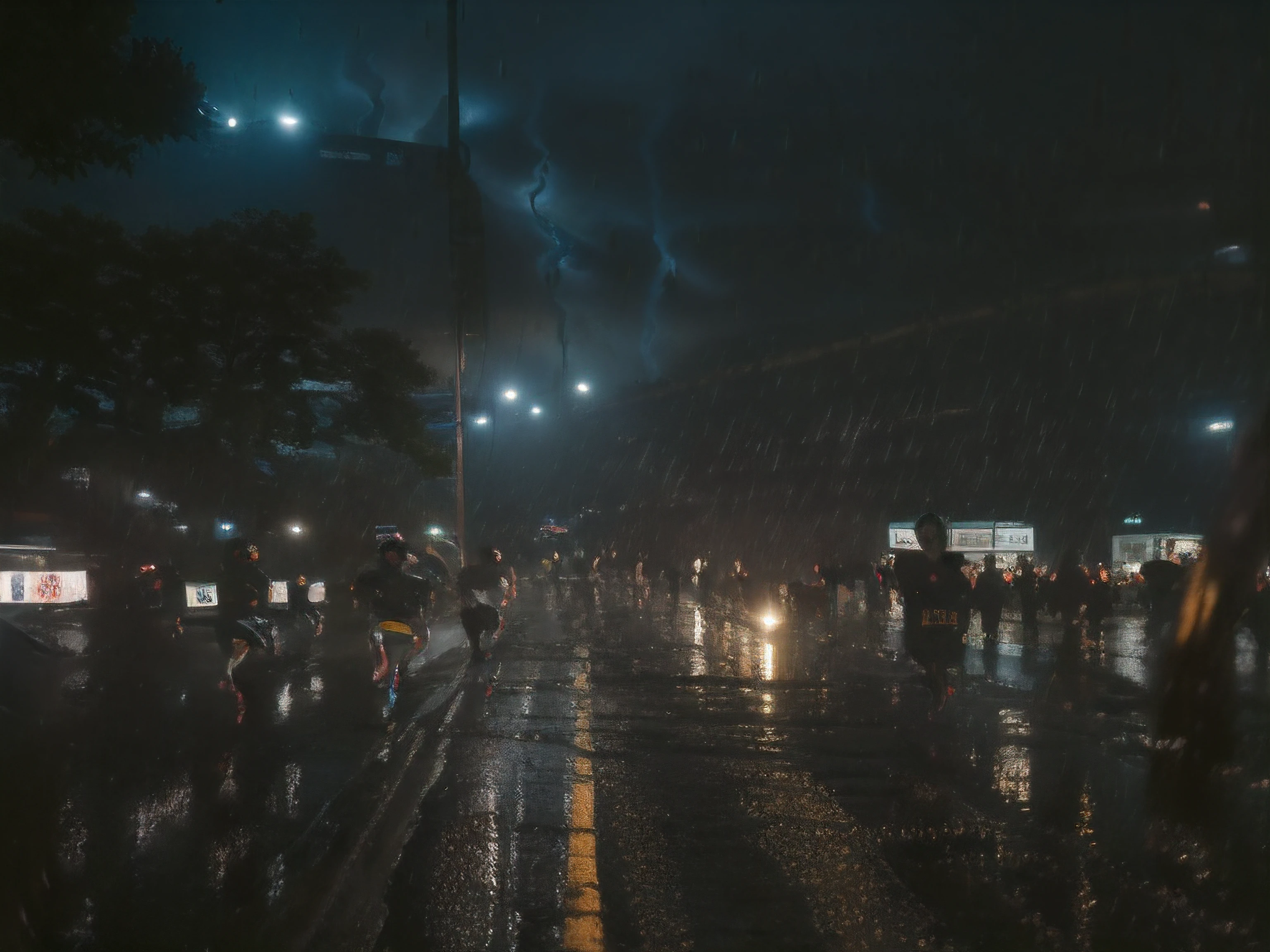 mountainous terrain，overcast day，((heavy rain poured))，((((((((((many people running on the road))))))))))，(((((Exceptionally heavy rainstorms)))))，Extrem，DETOUR，Water is everywhere，full of trees，Hundred grass is abundant，great rivers，((((The sky is as dark as night))))，(((many people running on the road)))