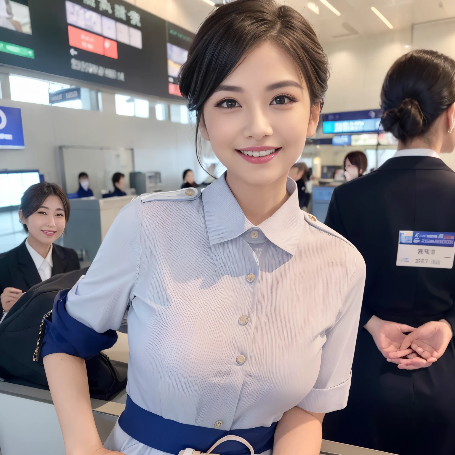 ((top-quality、masutepiece、8K、Top image quality、Hyper-Realism))、(1 female ground staff、Standing behind the check-in counter at the airport、cowboy shot、photo of her from the waist up)、((Location: Airport check-in counter、A woman working at the airport check-in counter、Recreate a perfect and detailed check-in counter))、((perfect stewardess uniform、chignon))、The Biggest Smile、white big teeth、Perfect makeup、long eyelashes、View me、smile your best smile、perfect anatomia、Bright lighting