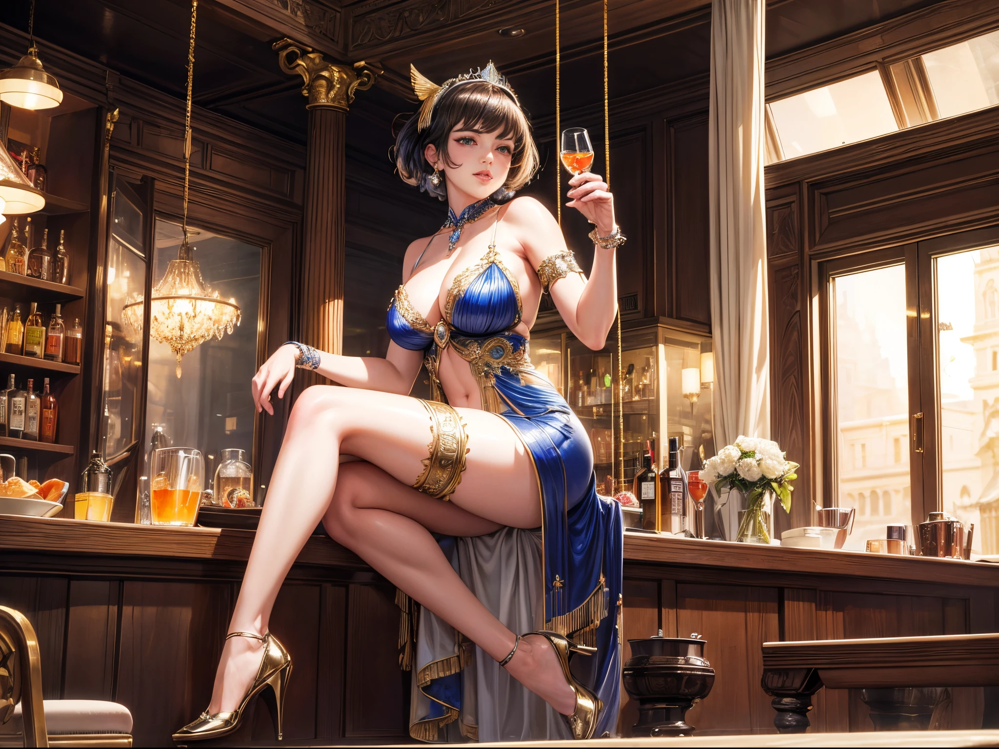 (best quality,8k,highres,masterpiece:1.2),ultra-detailed,(realistic,photorealistic,photo-realistic:1.37), (full body:1.5), Imagine a dazzling flapper girl from the 1920s, swinging high above a bar in a speak-easy, flaunting her curves with a perfect blend of vintage glam and modern edge. The picture was so vivid and intricate, it felt like I could almost touch it!