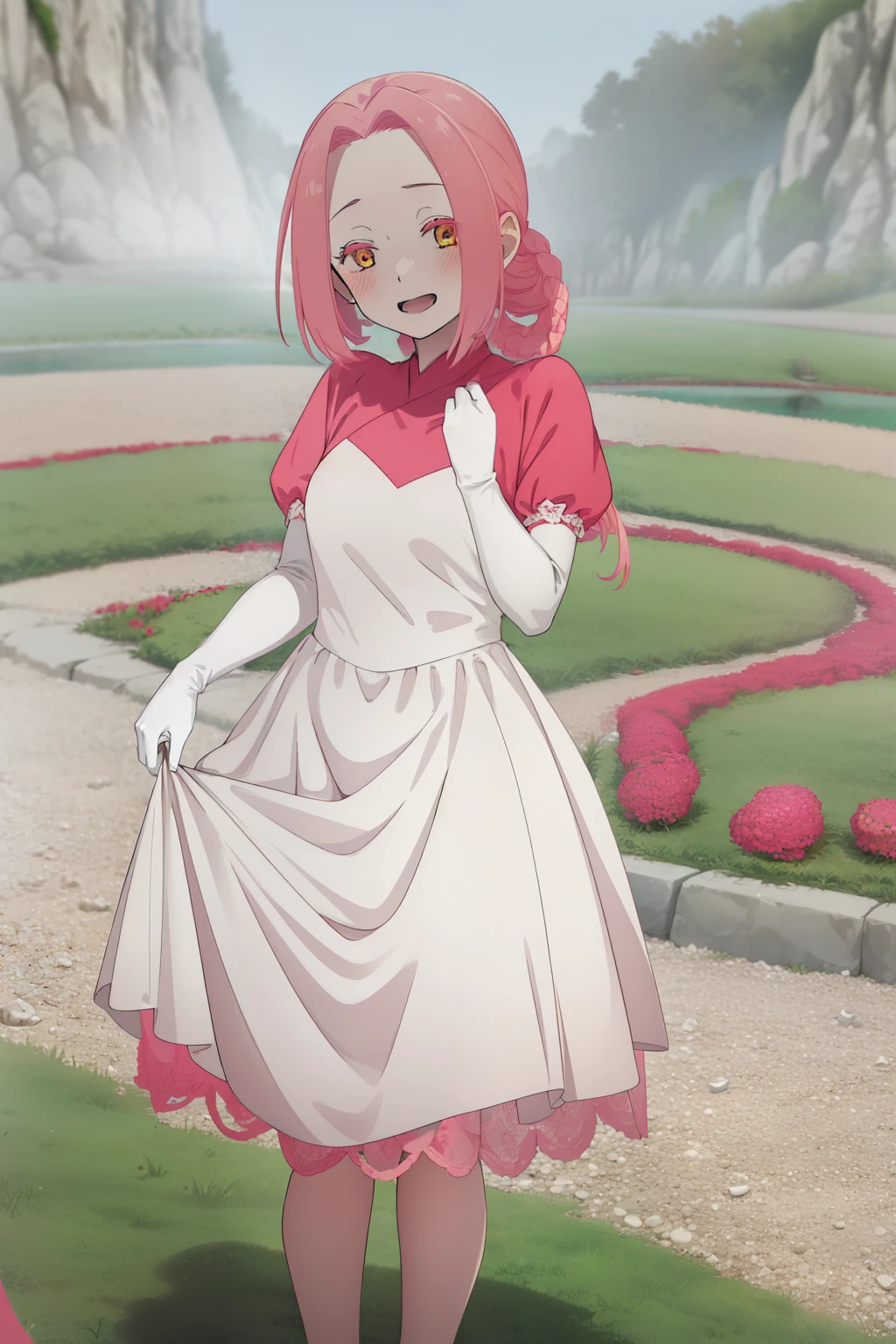 masterpiece, best quality, highres, aarurutie,1girl, wedding dress, white dress, standing, garden, smile, open mouth, mei, pink hair, braid,,gloves,