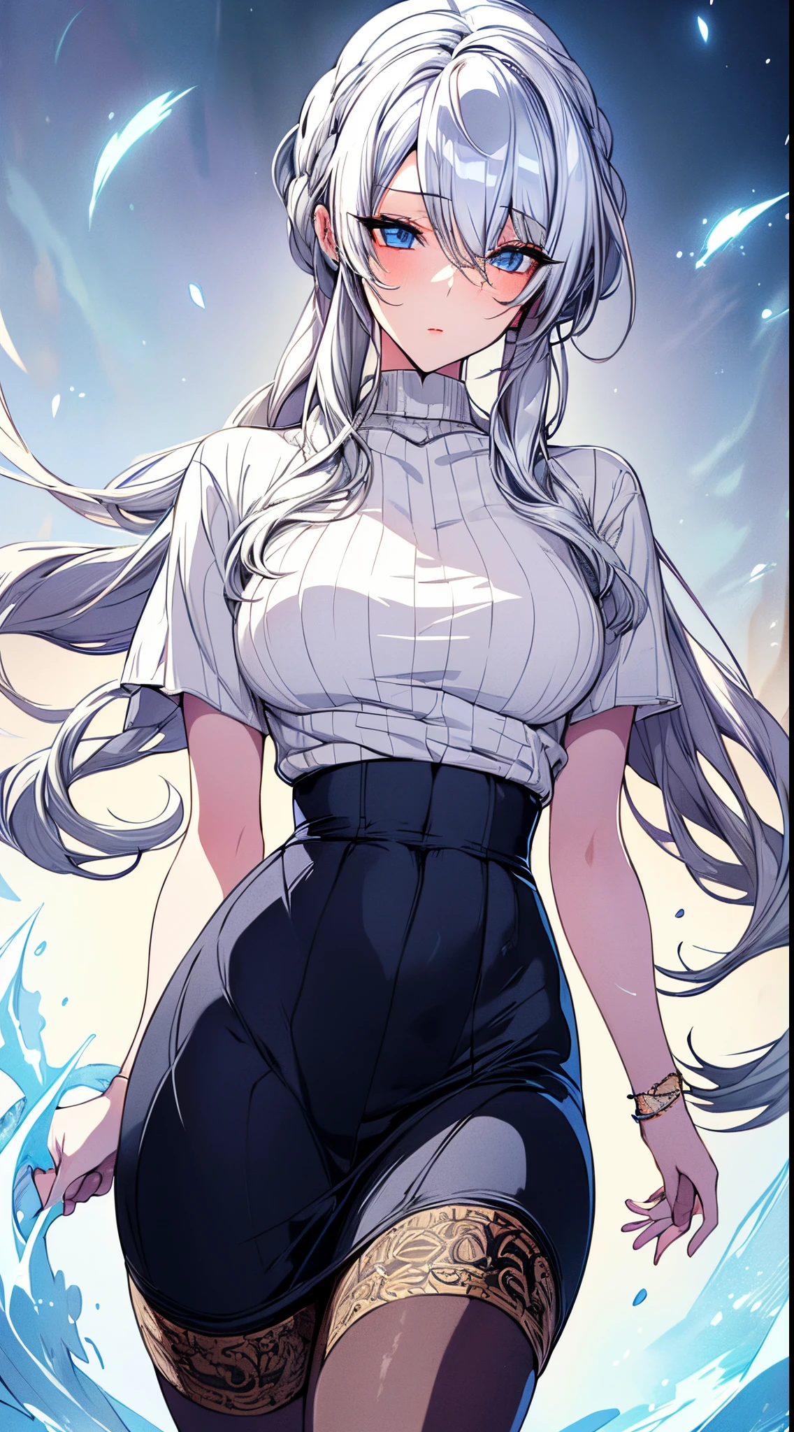 (best quality,ultra-detailed,illustration,masterpiece:1.2), 1 woman, mature, detailed facial features, flowing hair, serene expression, elegant , comfortable clothing, gentle lighting, vibrant colors, peaceful atmosphere, skirt till waist, wearing tights,