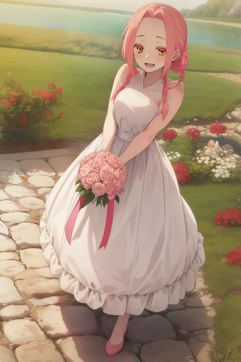 masterpiece, best quality, highres, aarurutie,1girl, wedding dress, white dress, standing, garden, smile, open mouth, mei, pink hair, braid,,gloves,