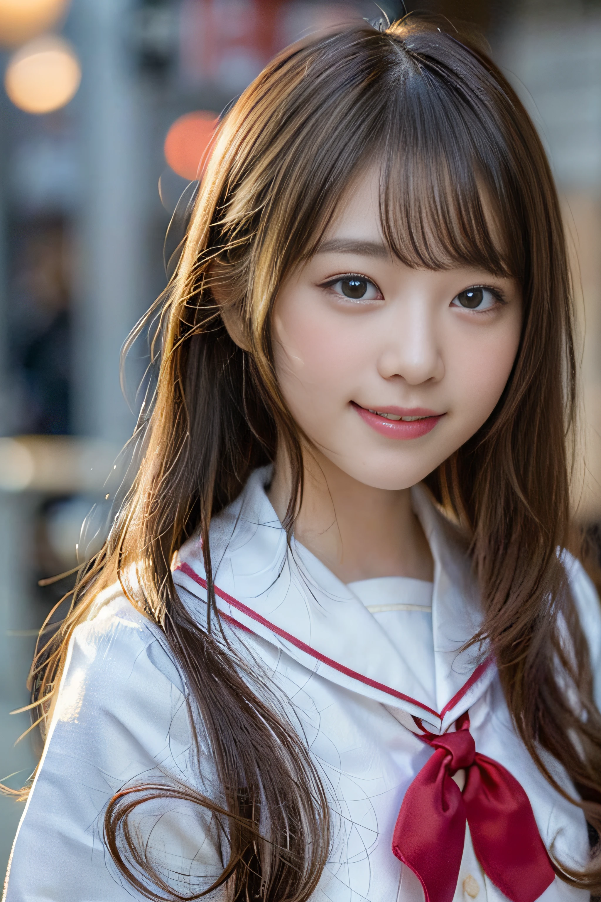 (8K、Raw photography、top-quality、​masterpiece:1.2)、(realisitic、Photorealsitic:1.37)、ultra-detailliert、超A high resolution、女の子1人、see the beholder、beautifull detailed face、A smile、Constriction、(Slim waist) :1.3)、Beautiful detailed skin、Skin Texture、Floating hair、Professional Lighting、Whole human body、Longhaire、a blond、japanese hight school uniform、a sailor suit、matriculation、、Bob Hair、E-cup、Happy smile、sixteen years old、Red ribbons、a baby face、Childish smile、Suppin、Moisturizing lips、Thin pink lips、Museum background