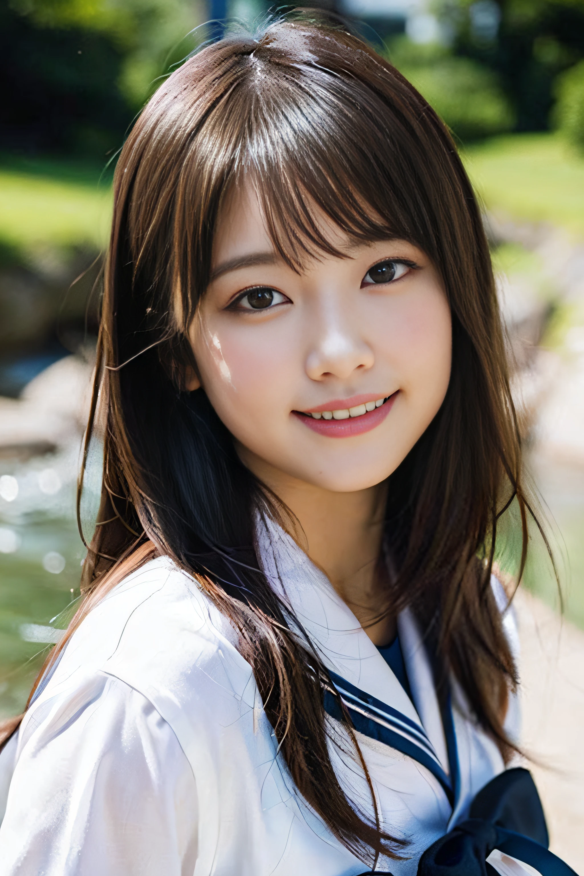 (8K、Raw photography、top-quality、​masterpiece:1.2)、(realisitic、Photorealsitic:1.37)、ultra-detailliert、超A high resolution、女の子1人、see the beholder、beautifull detailed face、A smile、Constriction、(Slim waist) :1.3)、Beautiful detailed skin、Skin Texture、Floating hair、Professional Lighting、Whole human body、Longhaire、a blond、japanese hight school uniform、a sailor suit、matriculation、、Bob Hair、E-cup、Happy smile、、Red ribbons、a baby face、Childisuppin、Moisturizing lips、Thin pink lips、mont、a river、valleys
