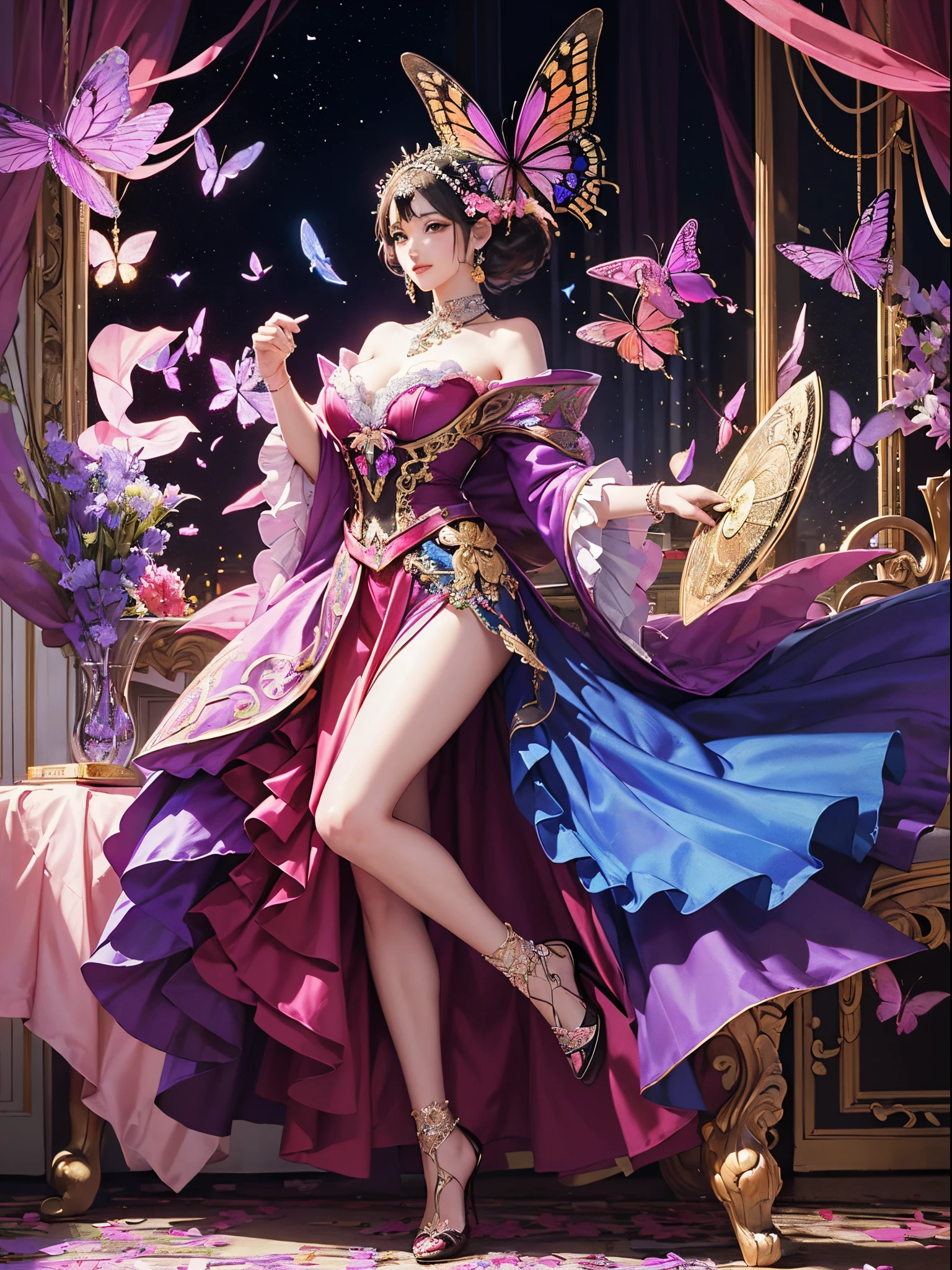 Butterfly motif、magenta and orange tones、Vibrant colors、((masterpiece)))、(((top-quality)))、((ultra-detailliert))、(A hyper-realistic)、(highly detailed CGillustration)、Official art、Decadent、Madame Papillon、Cool Beauty、Paris in the second half of the 19th century、Masquerade、refinement、Elegance、Gorgeous、、Colorful and detailed mask design、matchless beauty、Fans、gorgeous dress、jewely、Perfect Angle、perfect-composition。full body Esbian