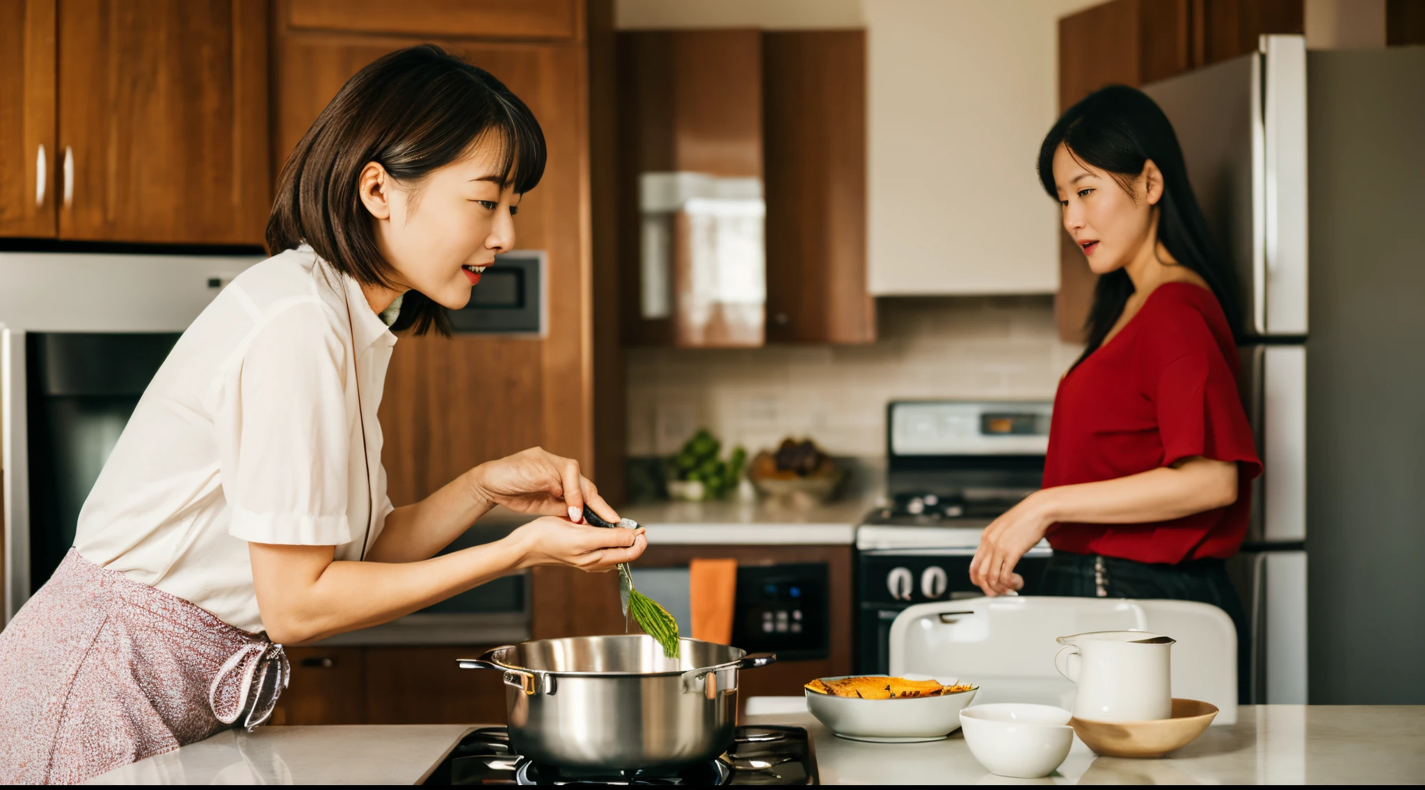 extremely highly detailed、Hight Resolution、Top Quality、masterpiece、majicMIX Real、(Raw-Photo:1.2)、(Photorealcitic:1.4)、The beauty of beautiful details Delicate facial expressions、very detailed expression、delicate detail、Highly detailed facial video lighting、Milf woman, Older woman, 50-year-old woman, back-view, Woman cooking, Cooking in the kitchen, back-view, Low angle, Young woman watching woman cooking in kitchen, sitting on kitchen table