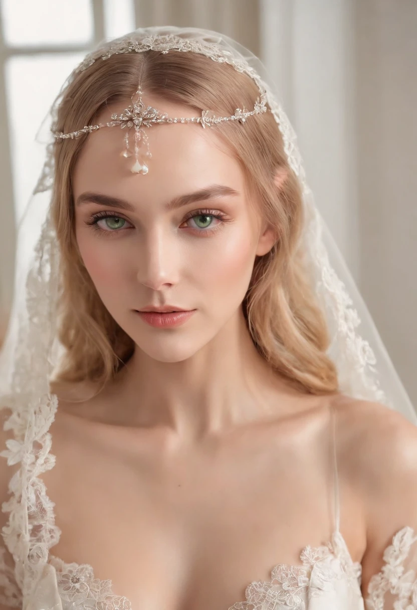 Natural blonde hair, Distinctive green eyes,, slender and graceful,,,,,,,,,,,,,,, Beautiful, Candlelight in a medieval atmosphere, Ultra Sharp Focus, realistic shot, quaternary color wedding lace lingerie, Exotic,Close-up of a beautiful bride wearing lace lingerie,Guvitz,Head flower,Head dress,blush(silk lace lingerie:1.2),,,Necklace,Earring,bouquet,(Lace gloves:1.2),(Bridal Veil:1.2),(Short transparent veil:1.2),((((No bra, , , Naked, completely , , (Show ), (Beautiful ), (Half-open legs), Full body, Sitting, Bedroom、skirt rift、))))