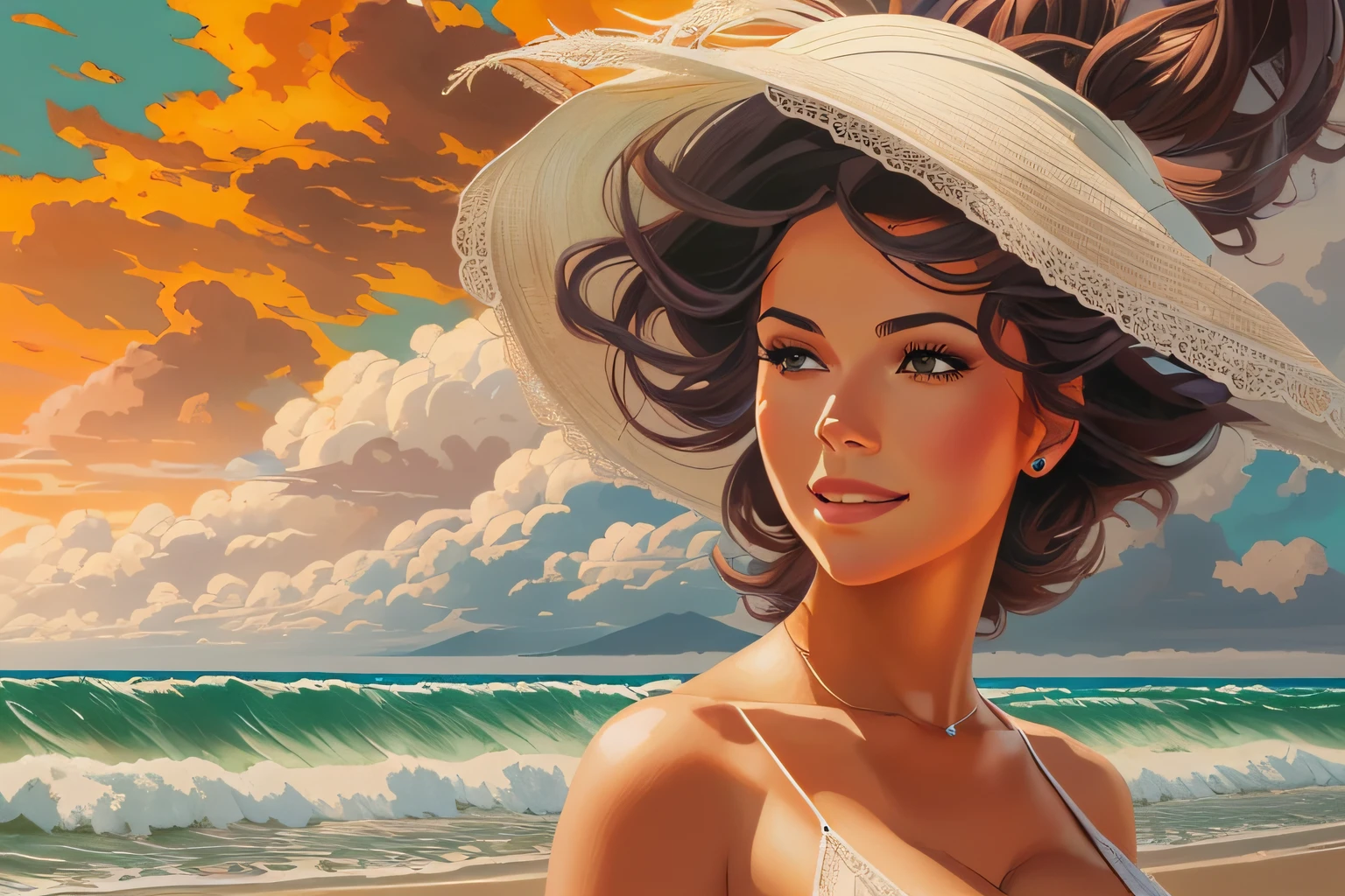 painting of a woman in a white hat and red bikini, elegant digital painting, in the style of digital painting, digital art of an elegant, cute digital painting, digital art oil painting, sultry digital painting, cute digital painting, beautiful painting, stunning digital painting, style digital painting, pintura sensual, elegant portrait, for the first oil painting, epic background, elegant oil painting, Bela arte UHD 4K.