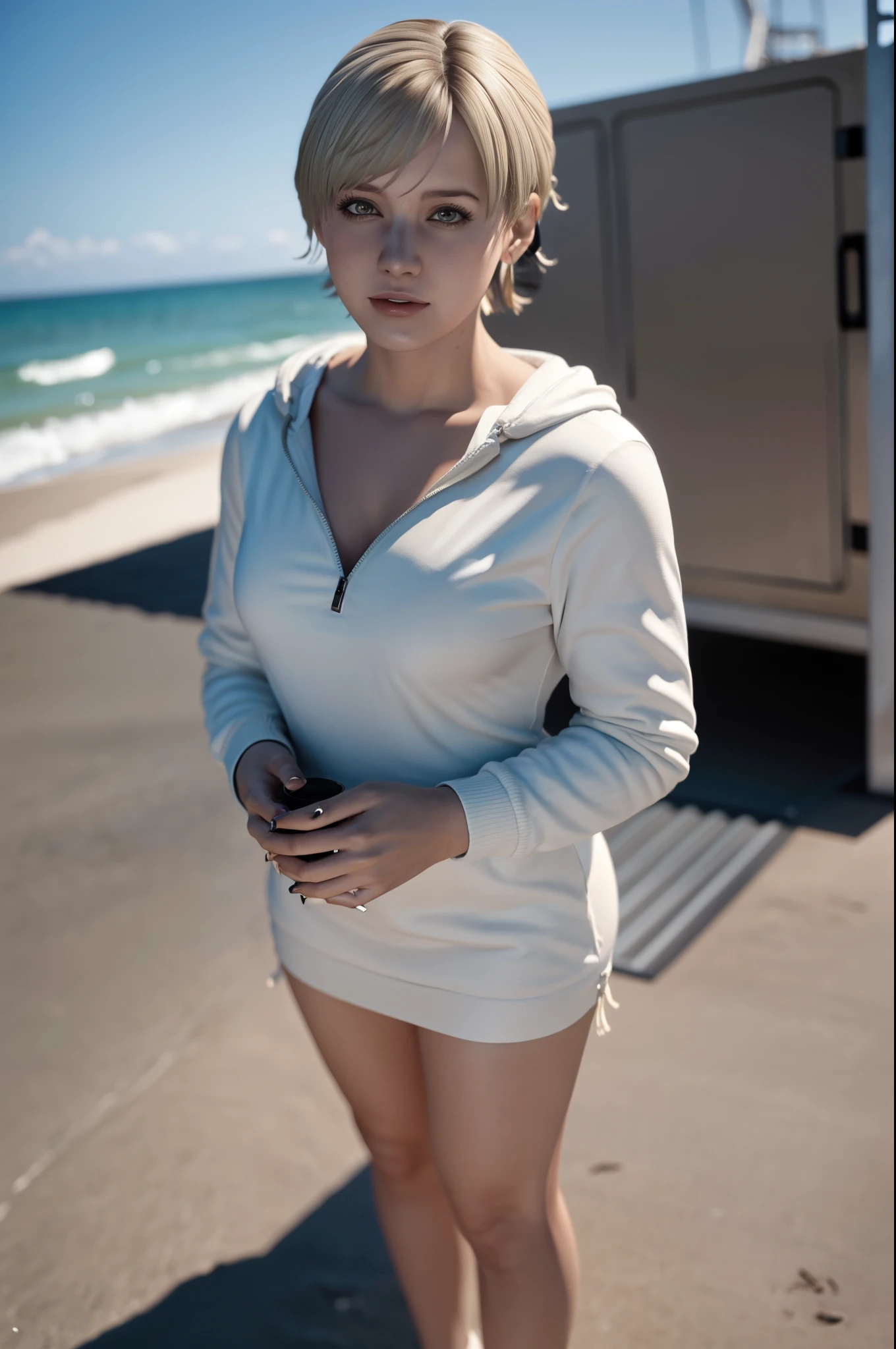 Woman, Sherry birkin, little smile expression, wearing mini white dress with hoody, black nails polish, bloonde bob hair, full body, with heels, at the beach park