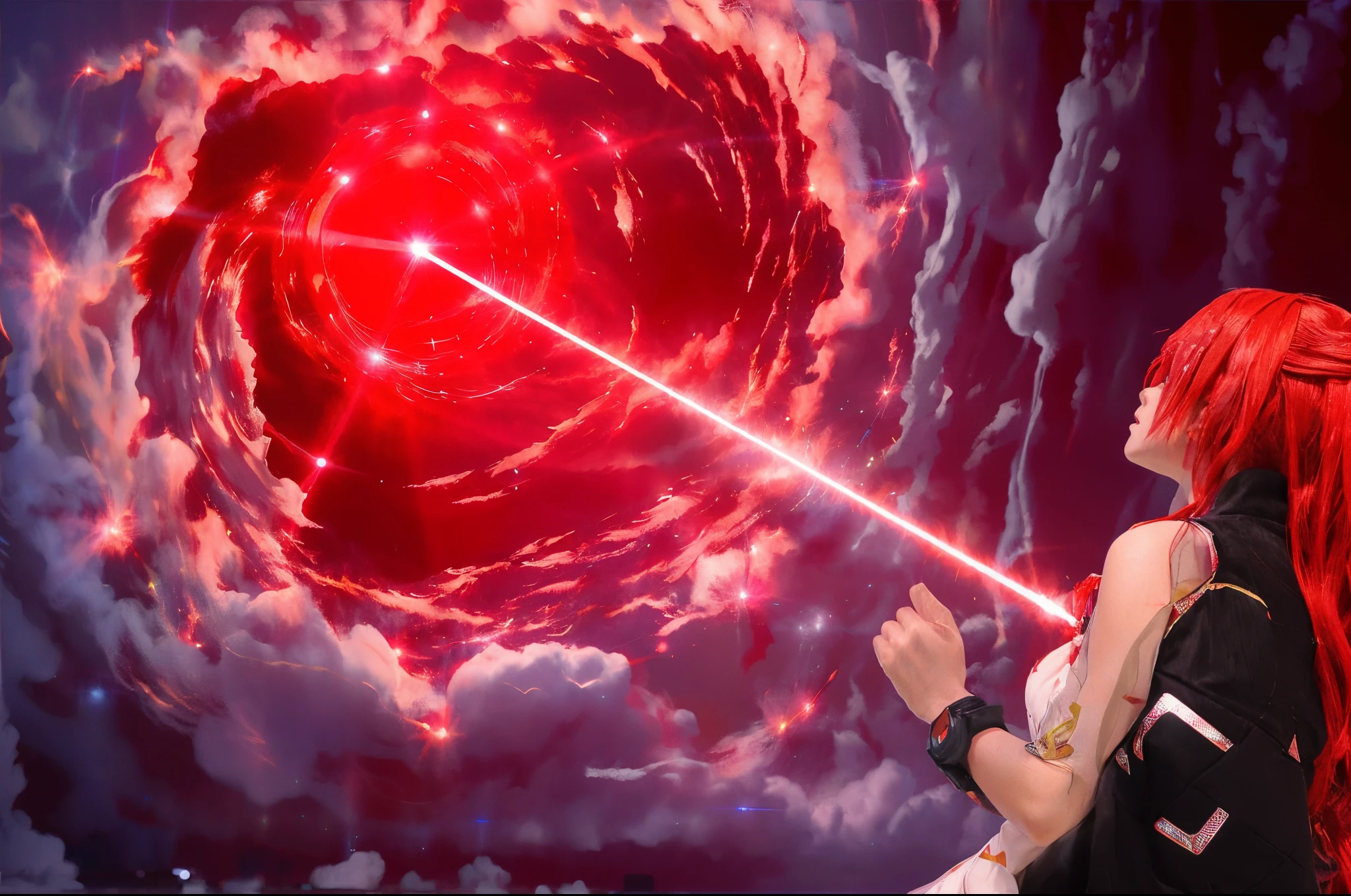 anime girl with red hair and red hair pointing at a red object, red laser, laser beam, mana shooting from his hands, red lasers, ufotable art style, laser eye, laser, crown of (((white lasers))), firing laser, explosions and lasers, screenshot from the anime film, laser weapons, laser fire, ufotable, lasers and explosions