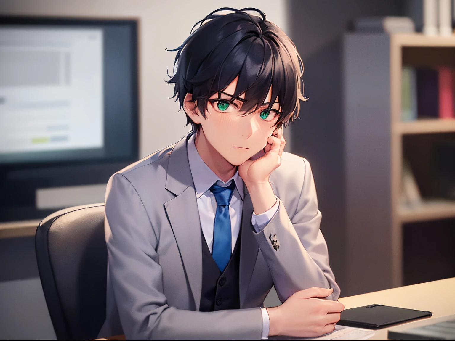 masterpiece、hightquality、25-year-old man with short black hair and green eyes、He wears a gray suit and white buttoned shirt.、Wearing a blue tie、(Alone:1.5)、(Anxious look:1.1)、(Close-up of your face:1.3)、(Only the upper body is shown.:1.3)、Stay in the office、Sitting in front of a computer、Bold composition、