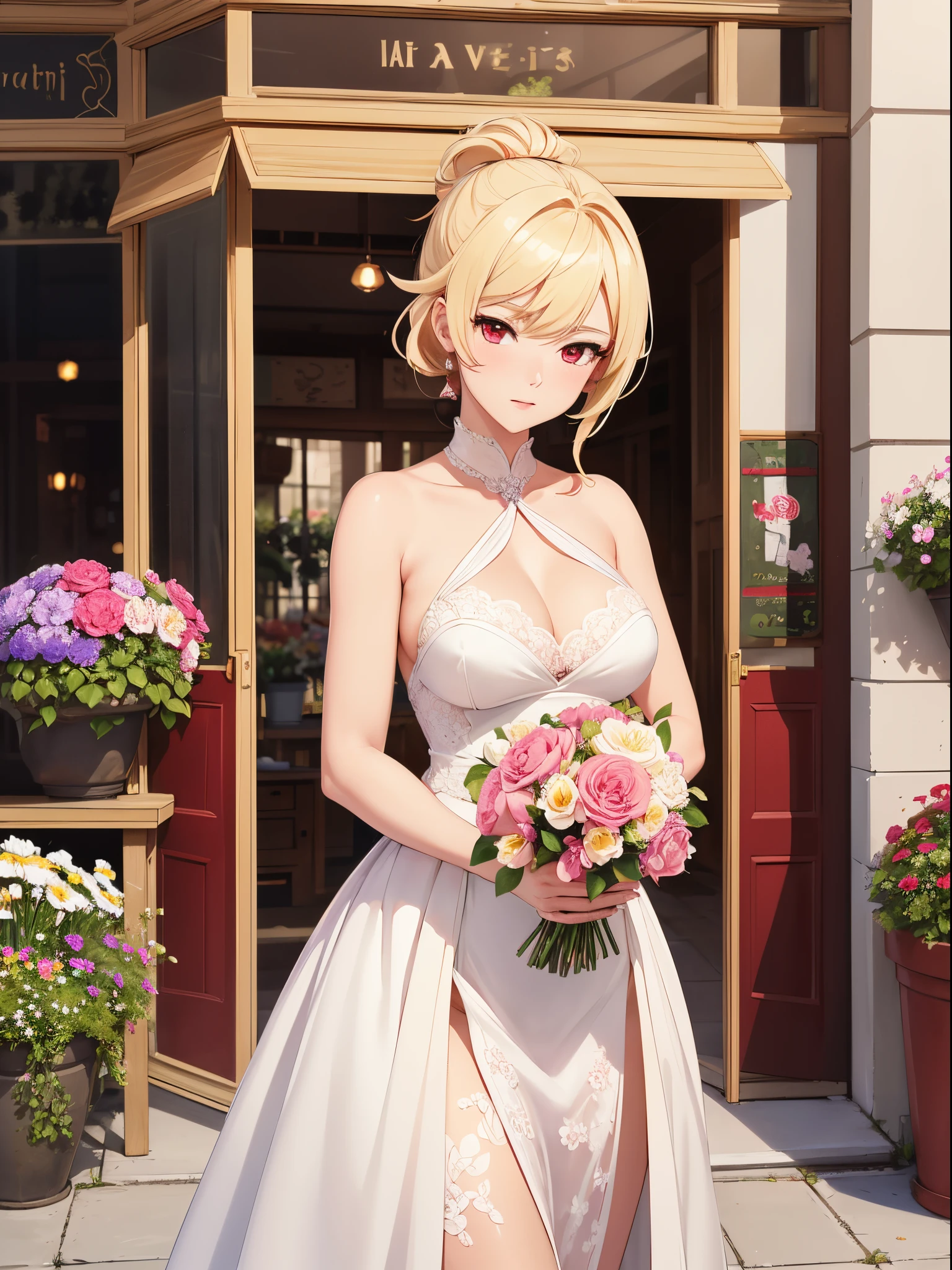 Extremely delicate and beautiful, amazing, finely detail, masutepiece, Ultra-detailed, hight resolution,Best Illustration, Best Shadow,Convoluted,Sharp Focus, High quality, 1womanl, Solo, a blond. Red Eyes, Kave Genshin Impact, Flower Shop Front, Flowers in pots, Flowers for Sale