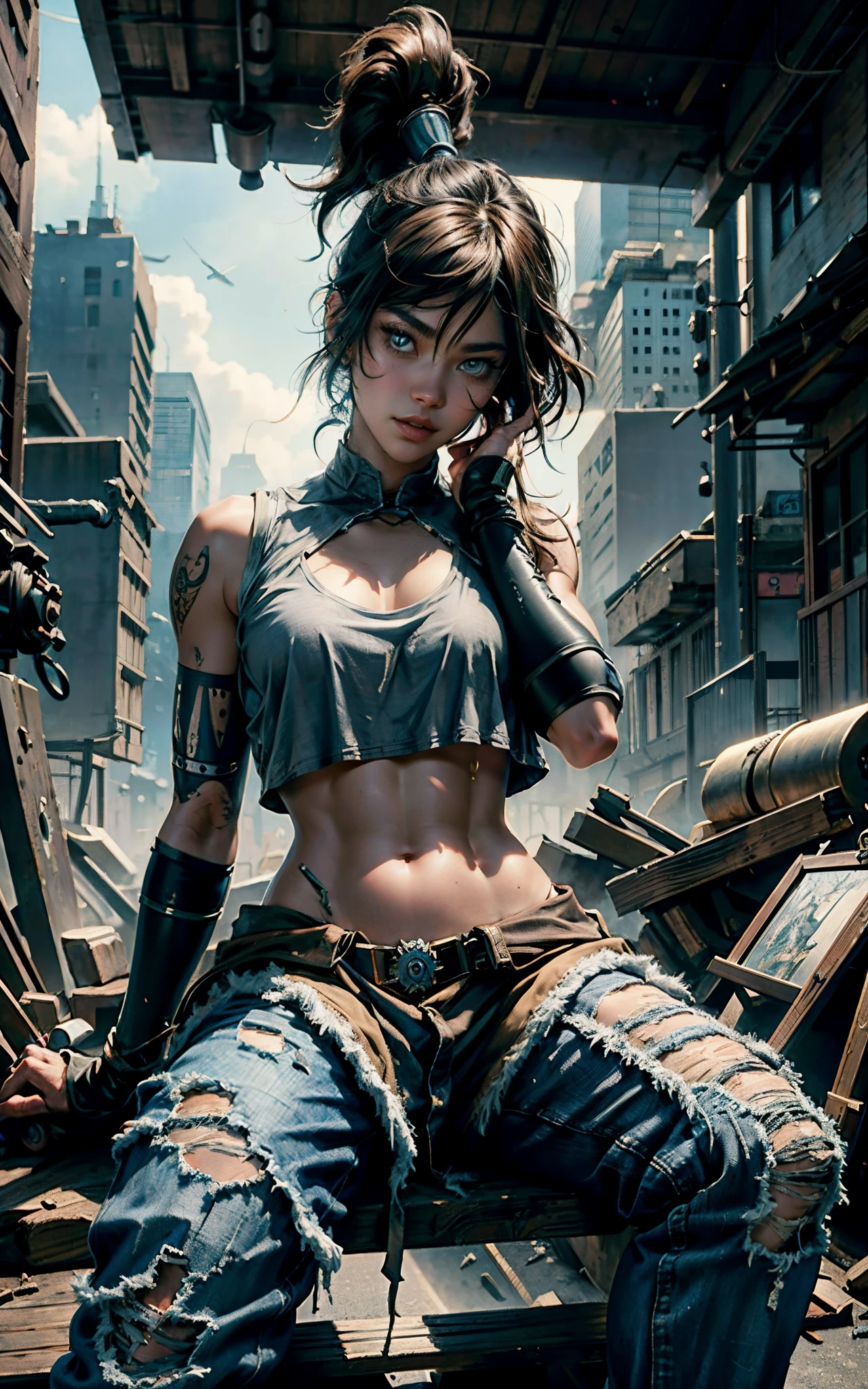 Korra with the face of zendaya ,sitting on some stairs, ripped jeans, tank top, upshirt, ((pulls up her shirt)) , slightly muscular, Beautiful realistic waifu style girl, hyperdetailed painting, luminism, art by Carne Griffiths and Wadim Kashin concept art, post-apocalyptic background, abstract beauty, approaching perfection, pure form, golden ratio, minimalistic, dark atmosphere, unfinished, concept art, intricate details, 8k post production, high resolution, hyperdetailed, trending on artstation, sharp focus, studio photo, intricate details, highly detailed, by artgerm.