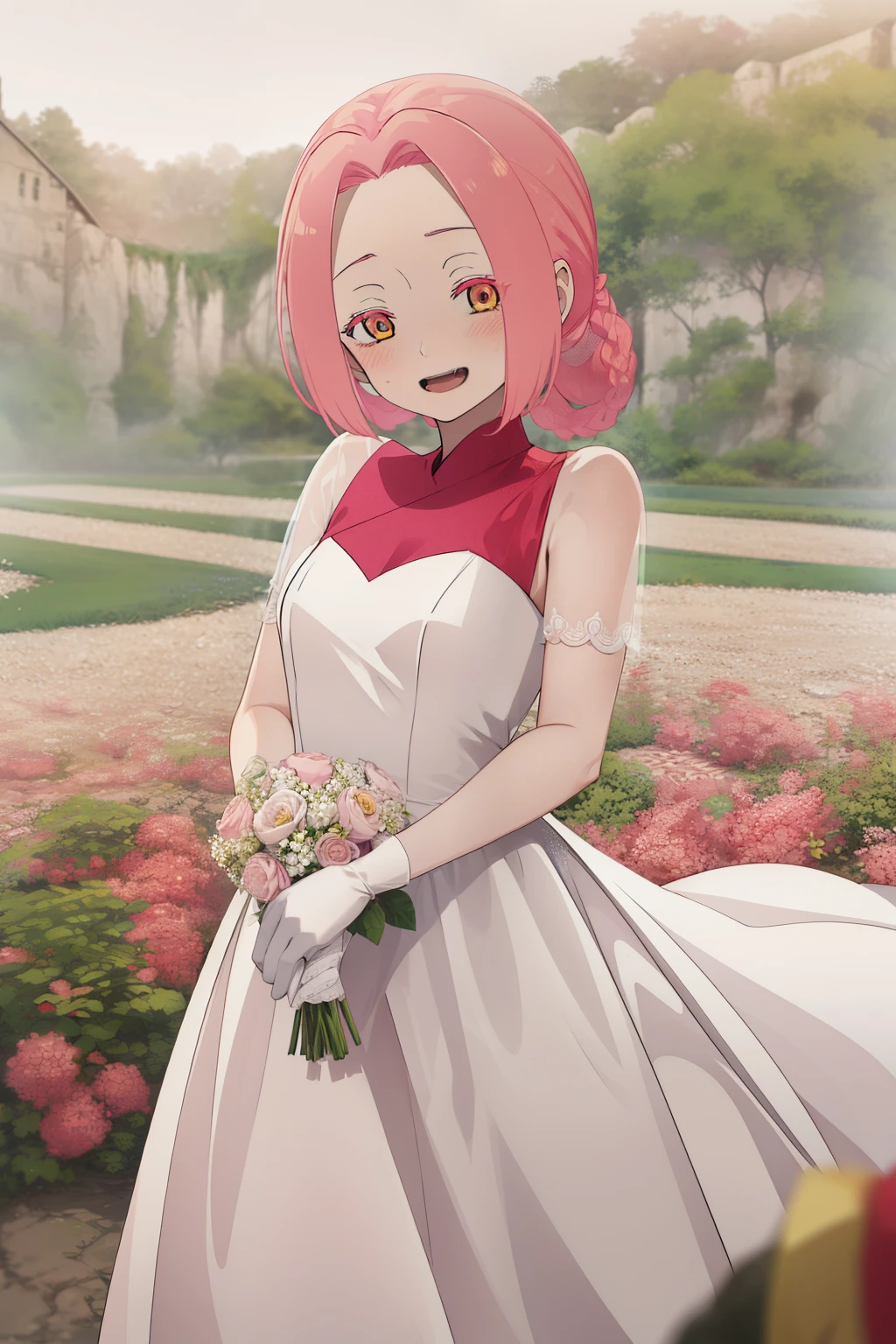 masterpiece, best quality, highres, aarurutie,1girl, wedding dress, white dress, standing, garden, smile, open mouth, mei, pink hair, braid,,gloves,