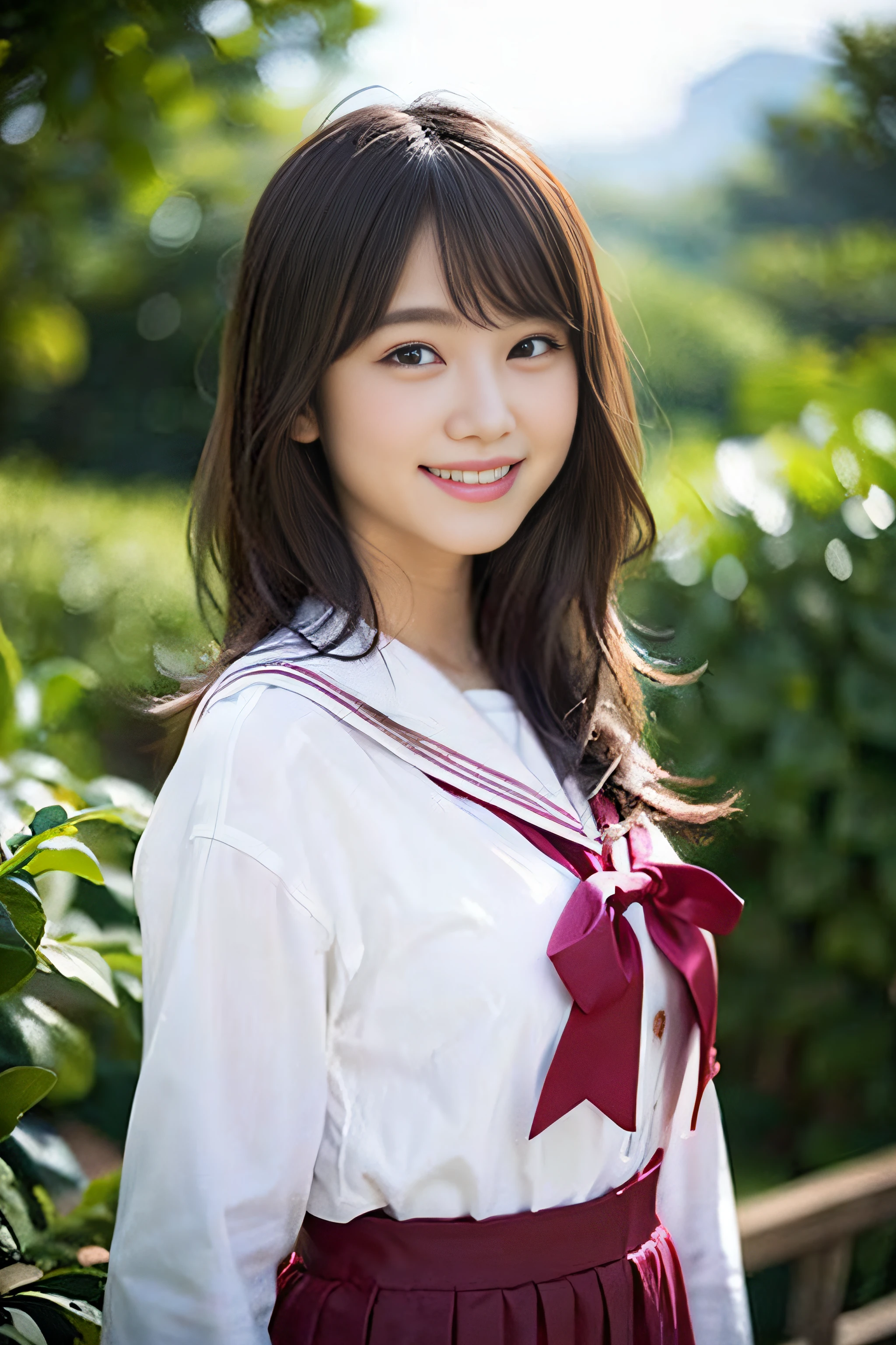 (8K、Raw photography、top-quality、masterpiece:1.2)、(realisitic、Photorealsitic:1.37)、ultra-detailliert、超A high resolution、女の子1人、see the beholder、beautifull detailed face、A smile、Constriction、(Slim waist) :1.3)、Beautiful detailed skin、Skin Texture、Floating hair、Professional Lighting、Whole human body、Longhaire、a blond、japanese hight school uniform、a sailor suit、matriculation、、Bob Hair、E-cup、Happy smile、、Red ribbons、a baby face、Childisuppin、Moisturizing lips、Thin pink lips、Nostalgic countryside