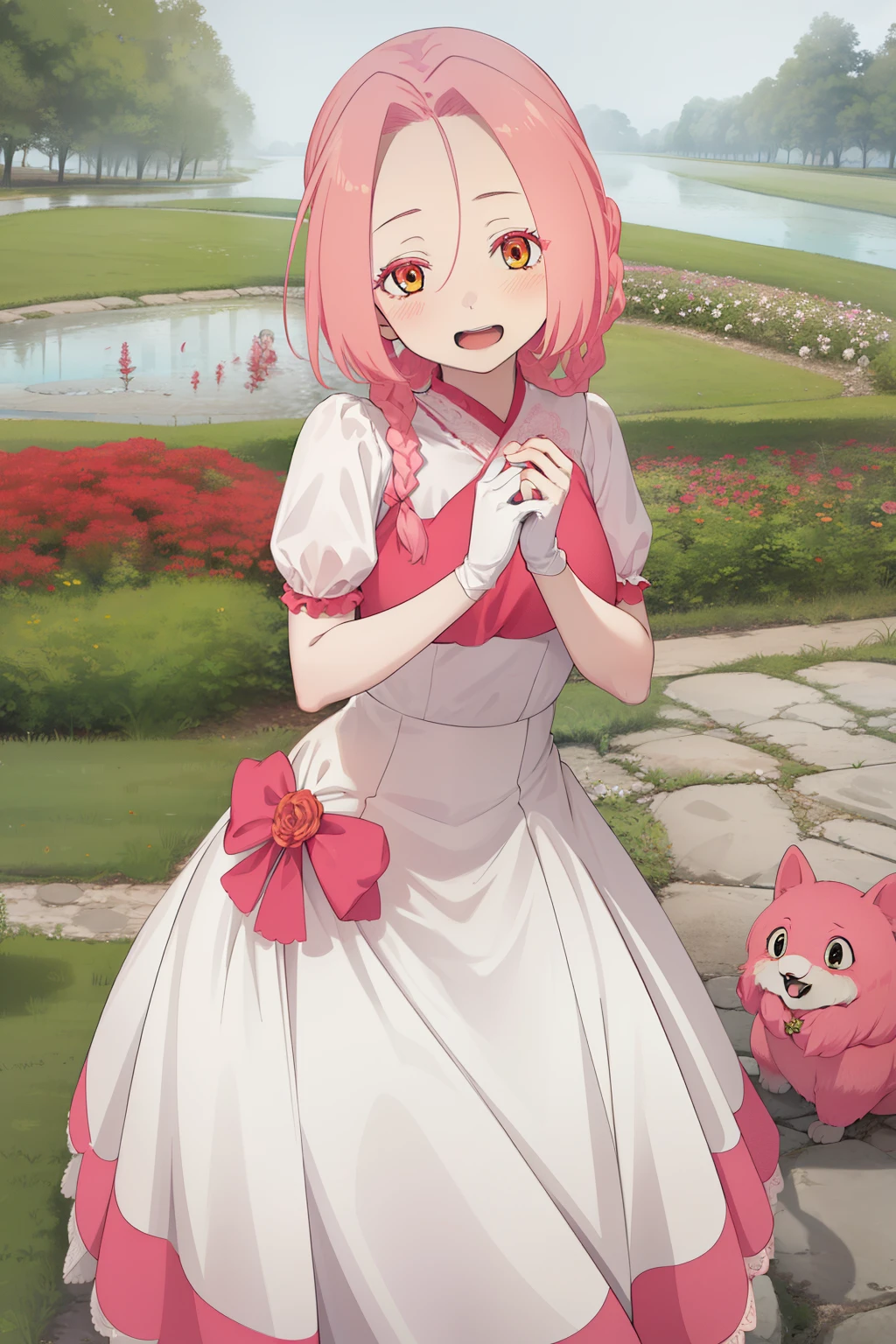 masterpiece, best quality, highres, aarurutie,1girl, wedding dress, white dress, standing, garden, smile, open mouth, mei, pink hair, braid,,gloves,