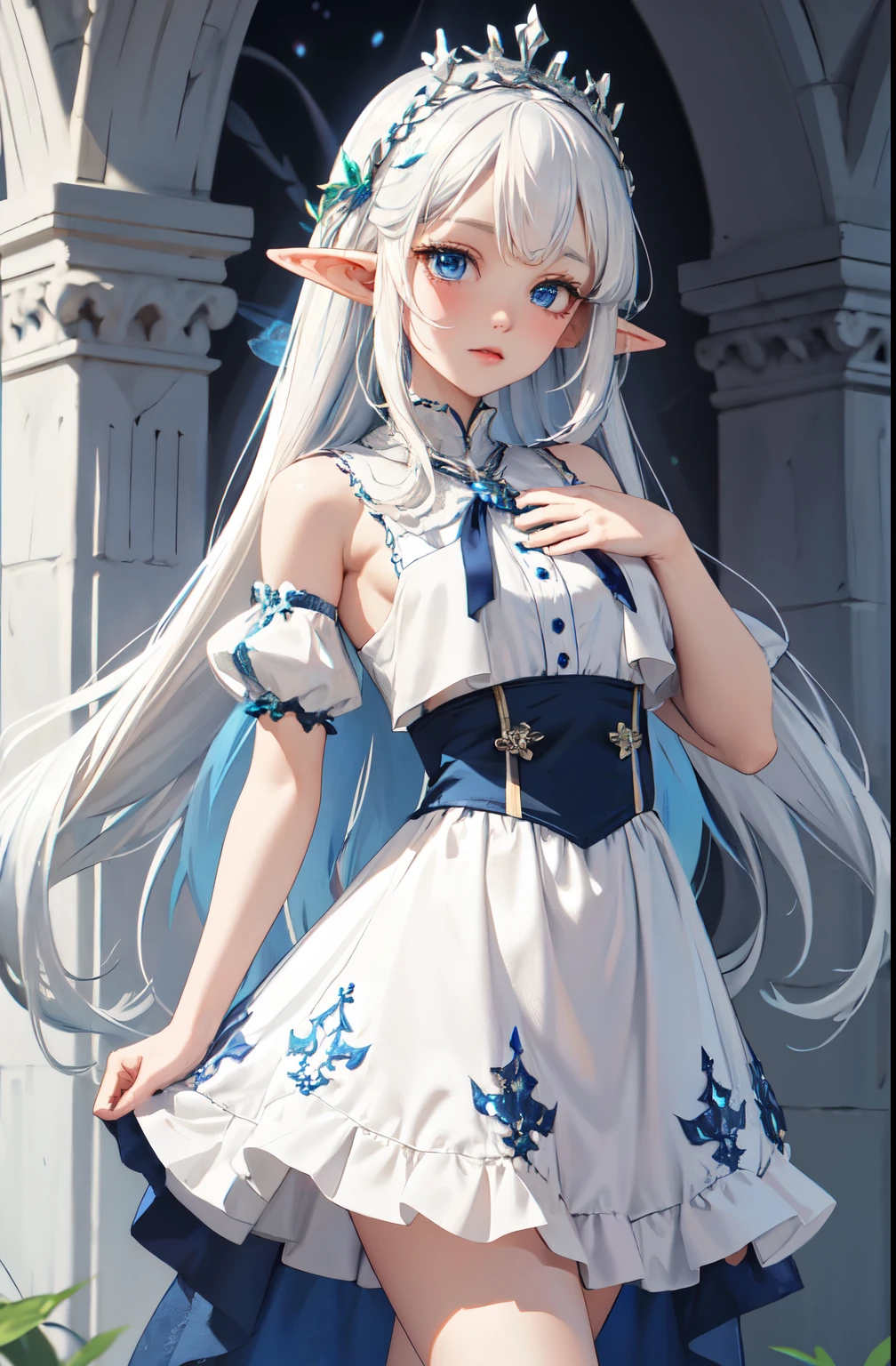1 Elf girl, Fairy dress, palace, blue eyes, white hair, mini skirt, beautiful eyes, hair decoration, Big chest, navy blue clothes