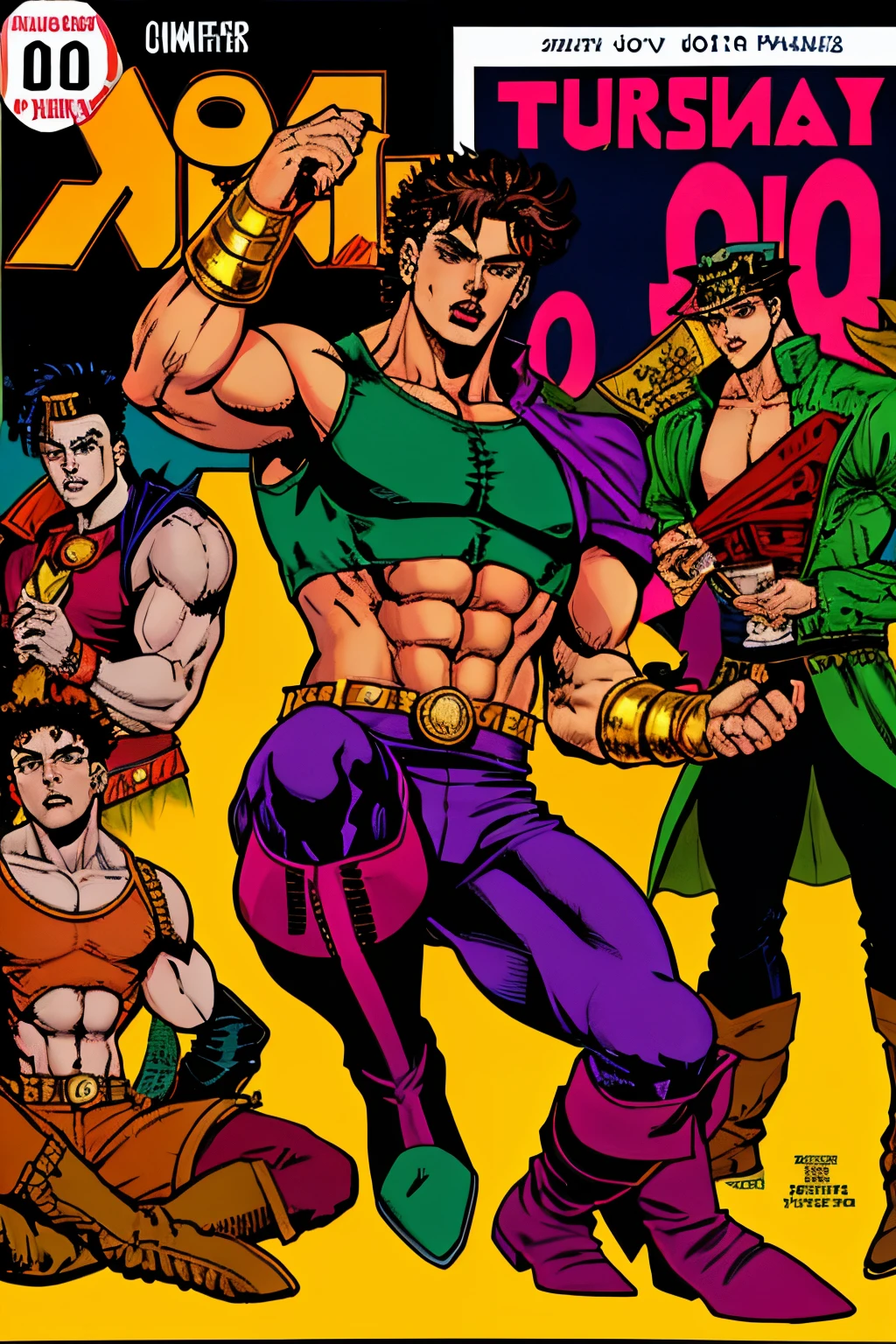 Jojos bizarre adventure、joseph joestar、Muscle Man、jojo pose、American comic book style、The whole body of the character、muffler、manly、Englishman、1 persons、JINS、20yr old、thin-waist、Navel dashi、american crackers、de pele branca、Knee-high boots、hightquality