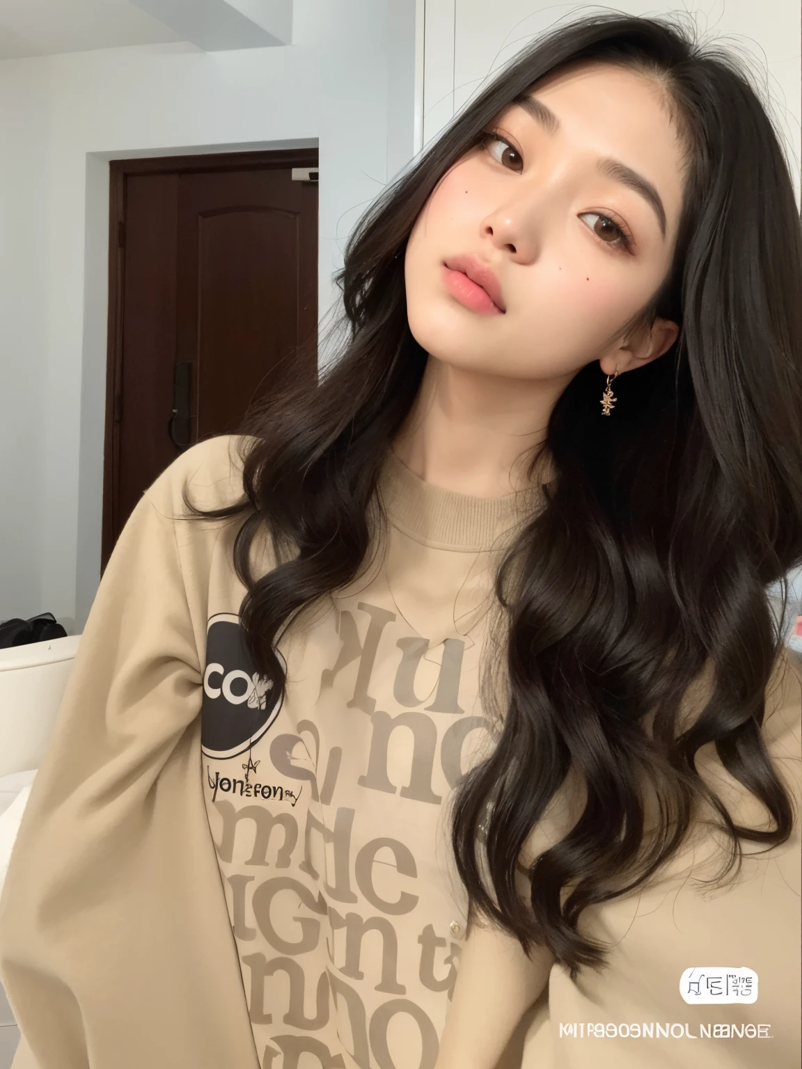 Un primer plano de una mujer con el pelo largo que lleva una camisa, Blackpink Jennie, ulzzang, con el pelo largo, Asian girl with long hair, Luisa Zhang, a young asian woman, con cabello largo y rizado, cabello ondulado hasta los hombros, young cute wan asian face, Xintong Chen, Ella lleva ropa de calle, Cabello negro largo y ondulado, Jinyoung Shin, Xision Wu