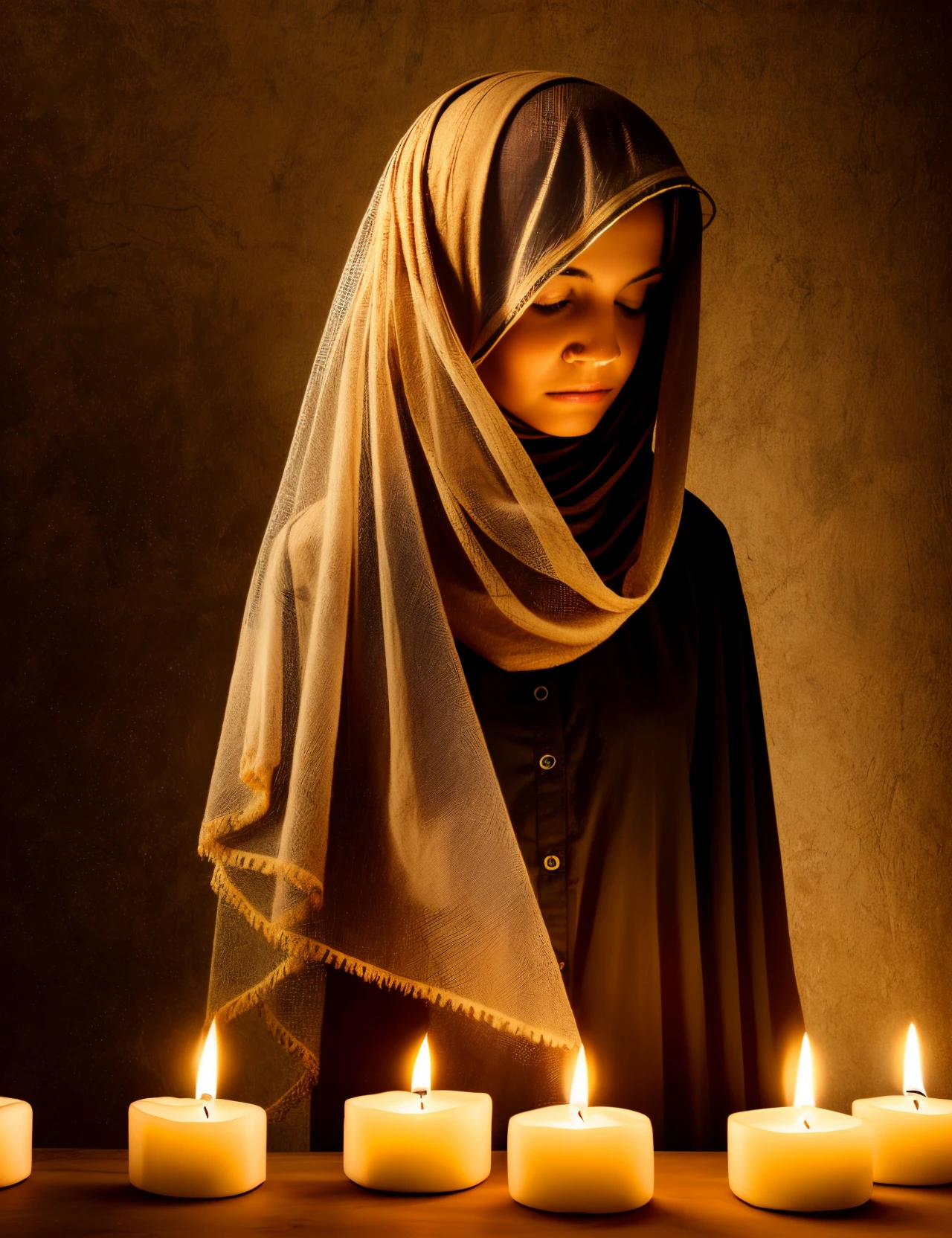 Beautiful modestly dressed woman with veil looking down at candle sad scared hiding in shadow fearful