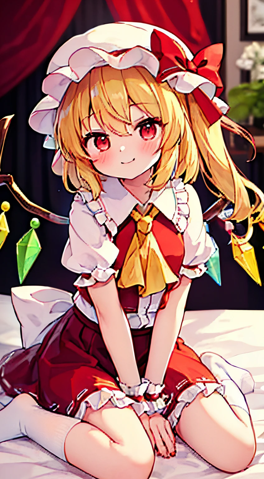 1girl,flandre_scarlet_touhou,blonde_hair, wings, red_eyes, crystal, bangs, hat, one_side_up, ribbon, mob_cap, bow, blush, smile, vest, white_headwear, red_vest, ascot, hair_between_eyes, red_bow, red_ribbon, upper_body, hat_ribbon, yellow_ascot, short_hair,(white socks:1.4),(foot focus:1.3),(no shoes:1.3),(a close up of a person in socks sitting:1.2)