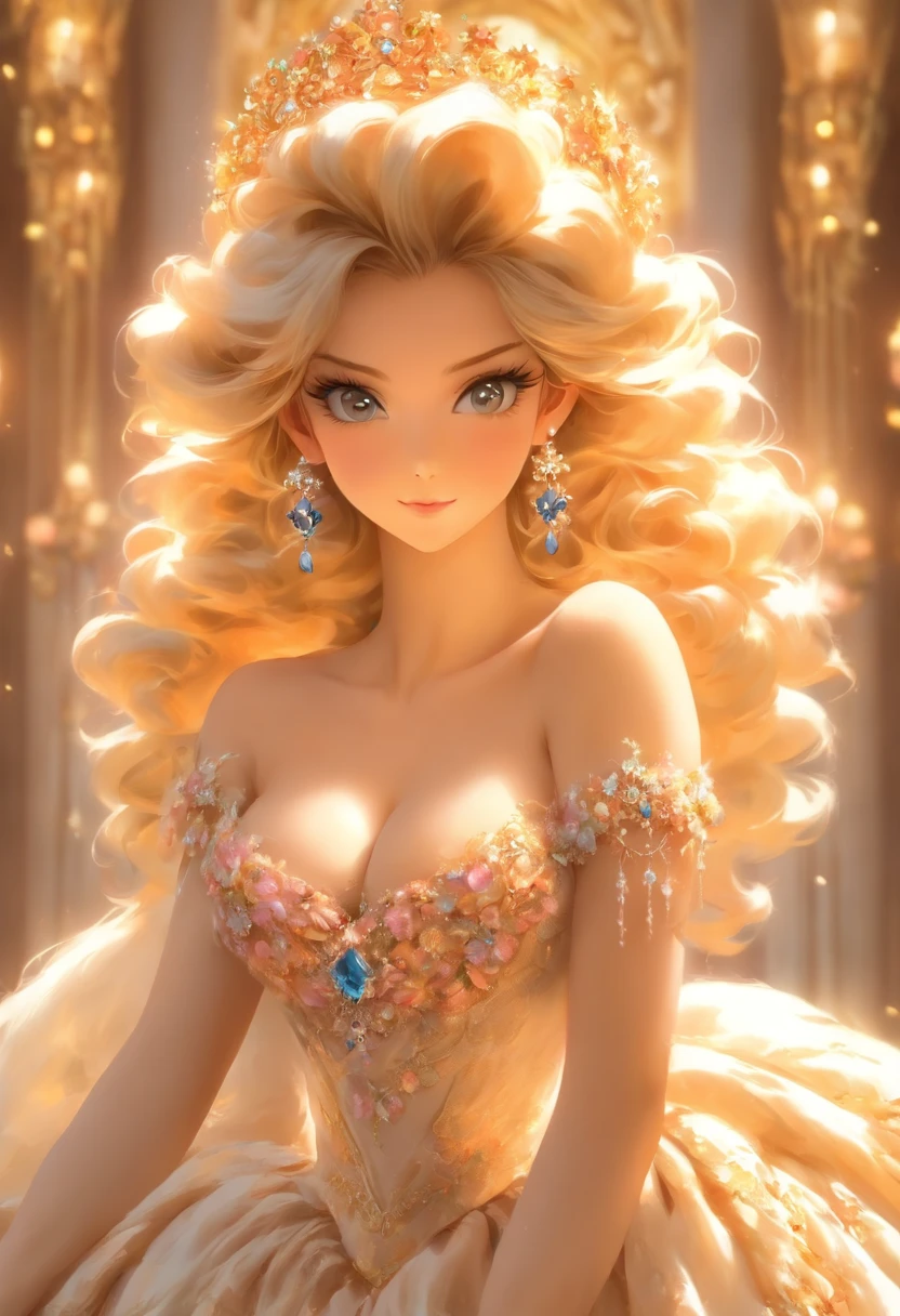 ((Anime art style)),(Masterpiece),(Best quality),(Super detail),(Very delicate and beautiful),Solo,((full bodyesbian,stand posture)),Standing in the royal palace,((1 queen in a rococo jewelry dress，Wear yours with a voluminous full-length hoop skirt)),(crinoline),Gorgeous embroidery,((Gorgeous gemstone jewelry)),Detailed face and eyes,Jewel-like eyes,((Plenty of straight hair,Extra-long fluffy hair)),((huge tit,long breasts,skin indentation)),Gorgeous embroidery,cleavage,Extremely gorgeous hair accessories,(Extremely gorgeous gemstone tiara，dourados cintilantes),Gorgeous corsage,(Dynamic Angle),view the viewer,((full bodyesbian))