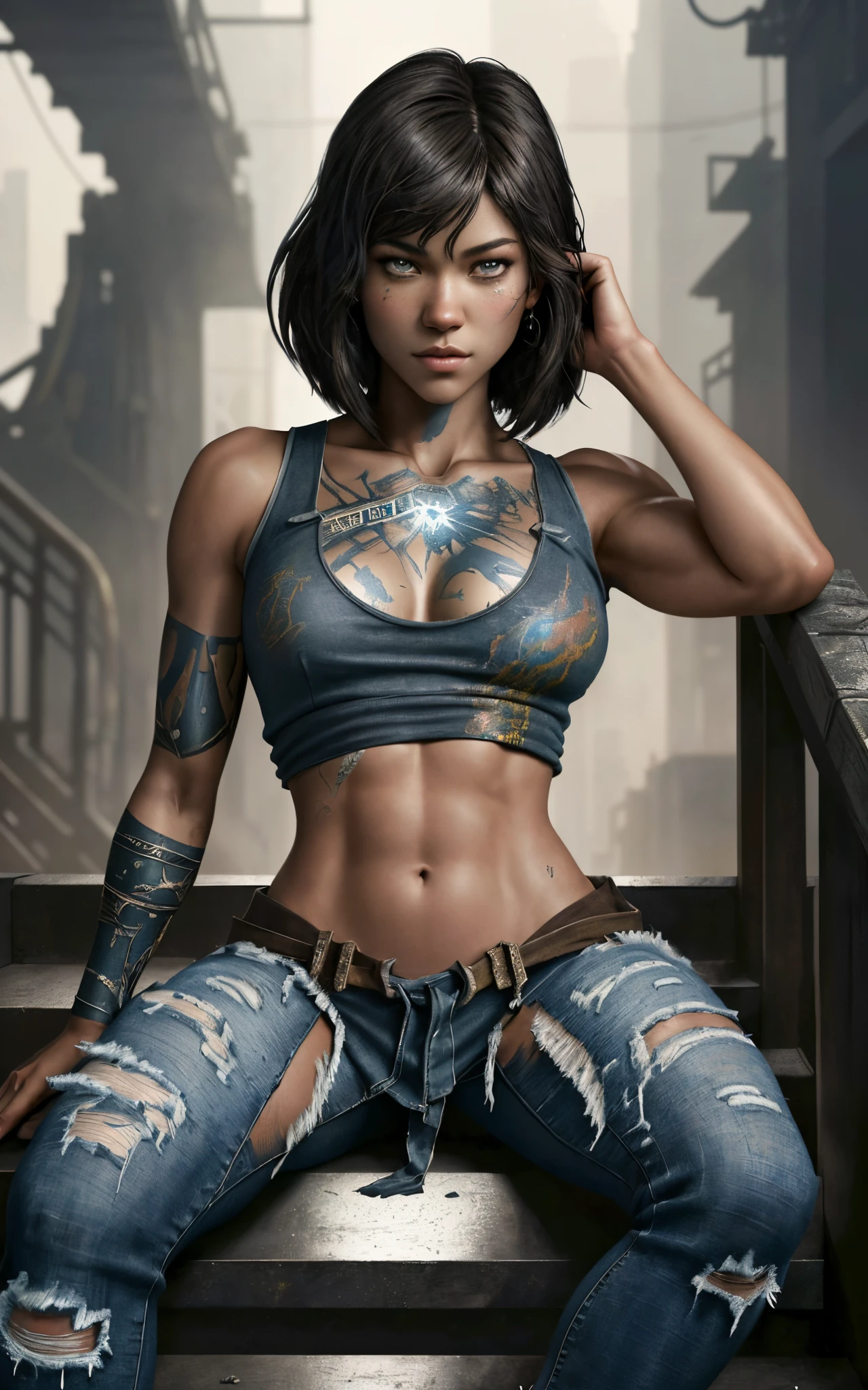 Korra with the face of zendaya ,sitting on some stairs, ripped jeans, tank top, upshirt, ((pulls up her shirt)) , slightly muscular, Beautiful realistic waifu style girl, hyperdetailed painting, luminism, art by Carne Griffiths and Wadim Kashin concept art, post-apocalyptic background, abstract beauty, approaching perfection, pure form, golden ratio, minimalistic, dark atmosphere, unfinished, concept art, intricate details, 8k post production, high resolution, hyperdetailed, trending on artstation, sharp focus, studio photo, intricate details, highly detailed, by artgerm.