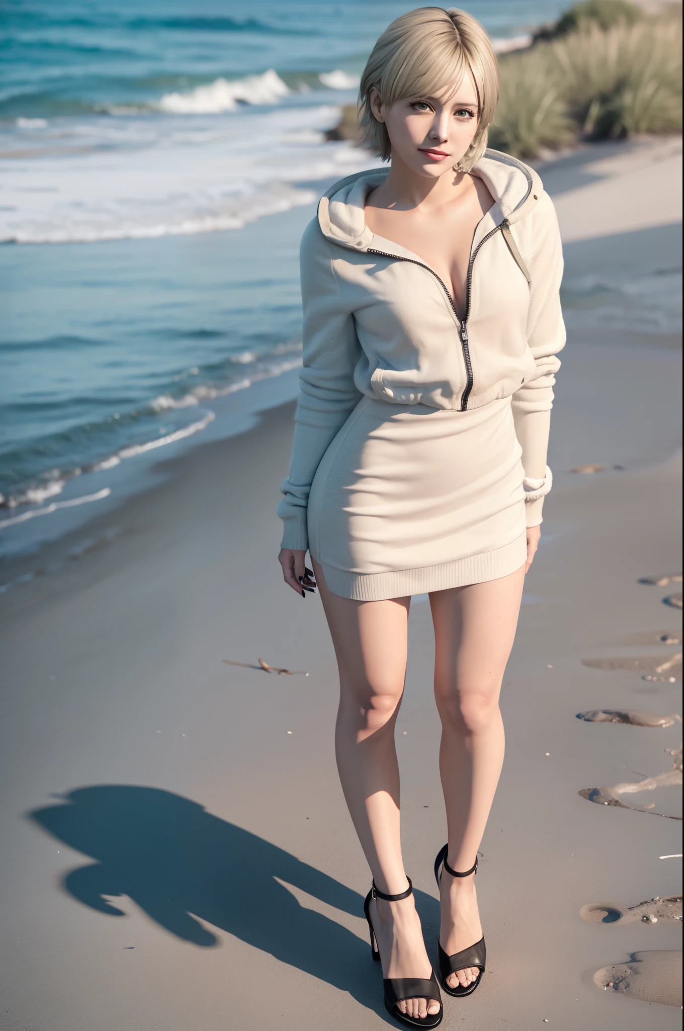 Woman, Sherry birkin, little smile expression, wearing mini white dress with hoody, black nails polish, bloonde bob hair, full body, with heels, at the beach park