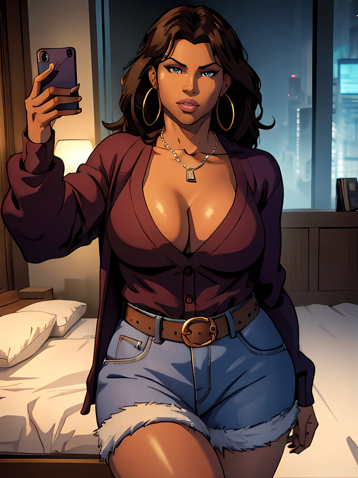 Masterpiece, High quality, 1girl, volumetric lighting, cinematic lighting, portrait

"nicki minaj taking a selfie, dark brown skin, black woman, african american woman, (a mature woman:1.2) MILF, portrait, highly detailed, chubby physique, hanging breast, smirking" she has long wavy brown hair, wearing a ((cardigan sweater)), wearing hoop earrings, wearing necklace, ((small breasts)), deep cleavage, bedroom