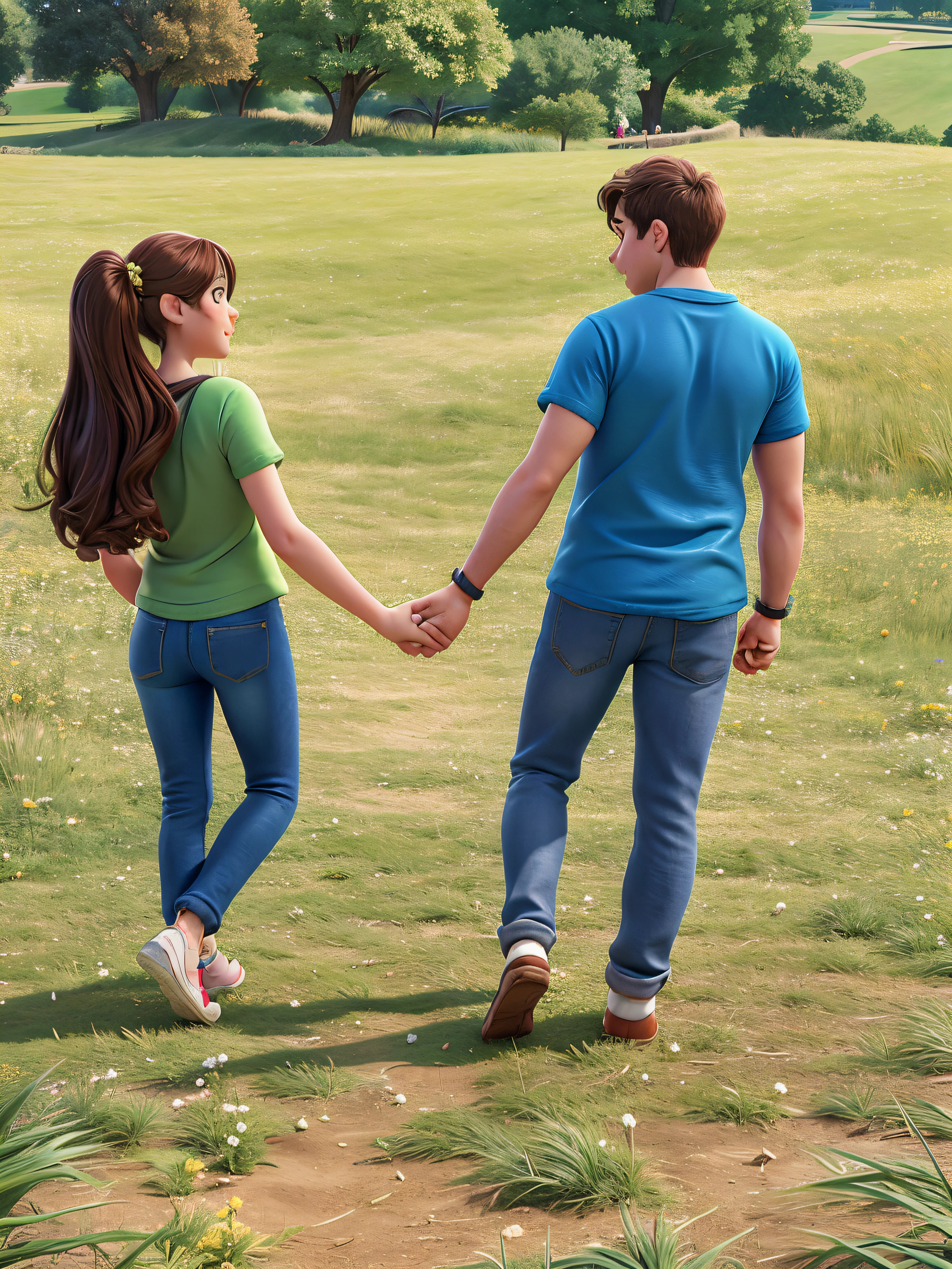 there are two people holding hands in a field of grass, lovely couple, couple walking hand in hand, in a park, at a park, couple, couple pose, holding hands, they are in love, holding hand, walking together, in the park, walking at the park, in a city park, romantic couple, with a park in the background, happy couple