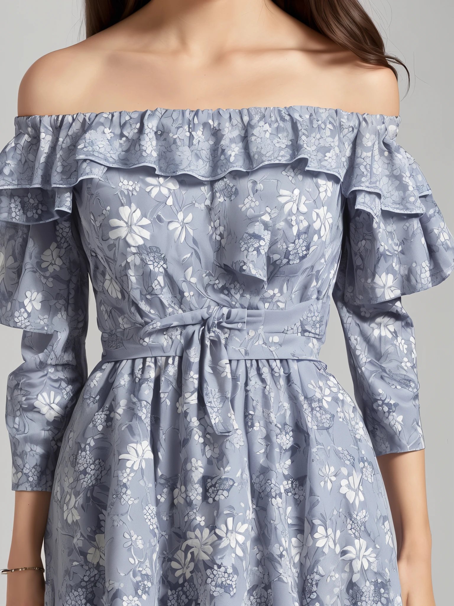 beautiful off-shoulder style that showcases the wearer’s shoulders. It has a snug fit around the bust and a loose flow down to above the knees. The upper part of the dress is decorated with small, dark floral patterns on a light background, creating a delicate and feminine look. The long sleeves are flared at the ends, adding a touch of elegance. Towards the hemline, there is a transition to a more intricate and dense floral design with larger motifs, creating an eye-catching contrast. The dress appears to be made of soft fabric, judging by its drape. It is a perfect choice for a casual or formal occasion, as it combines traditional and modern elements in a harmonious way.