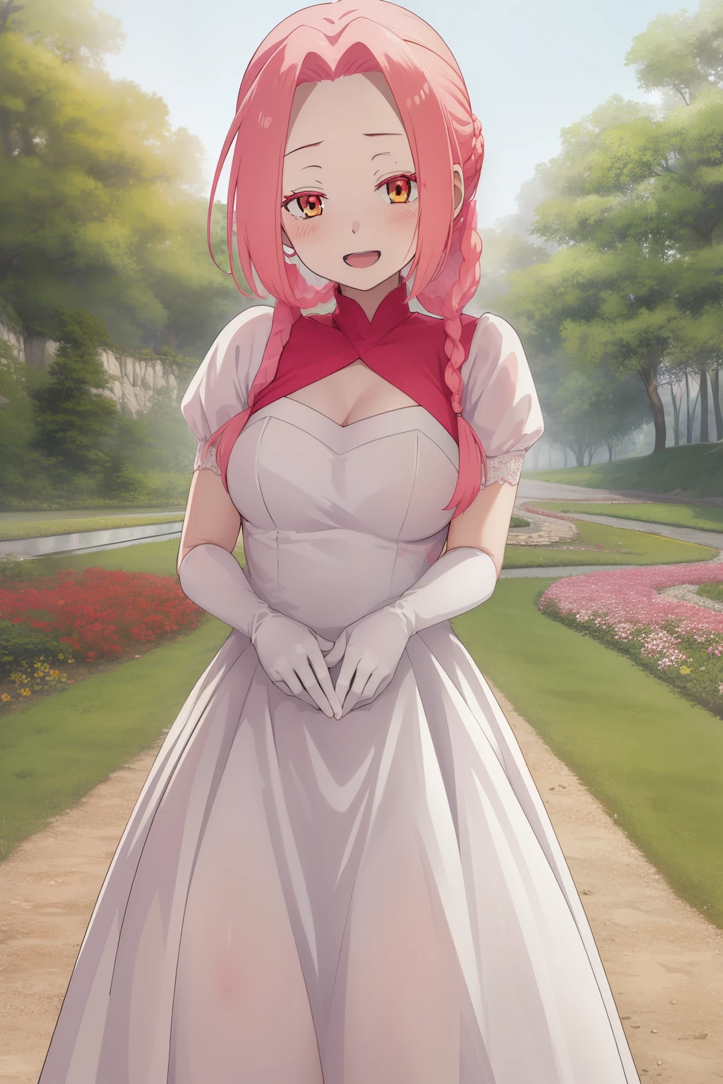 masterpiece, best quality, highres, aarurutie,1girl, wedding dress, white dress, standing, garden, smile, open mouth, mei, pink hair, braid,,gloves,