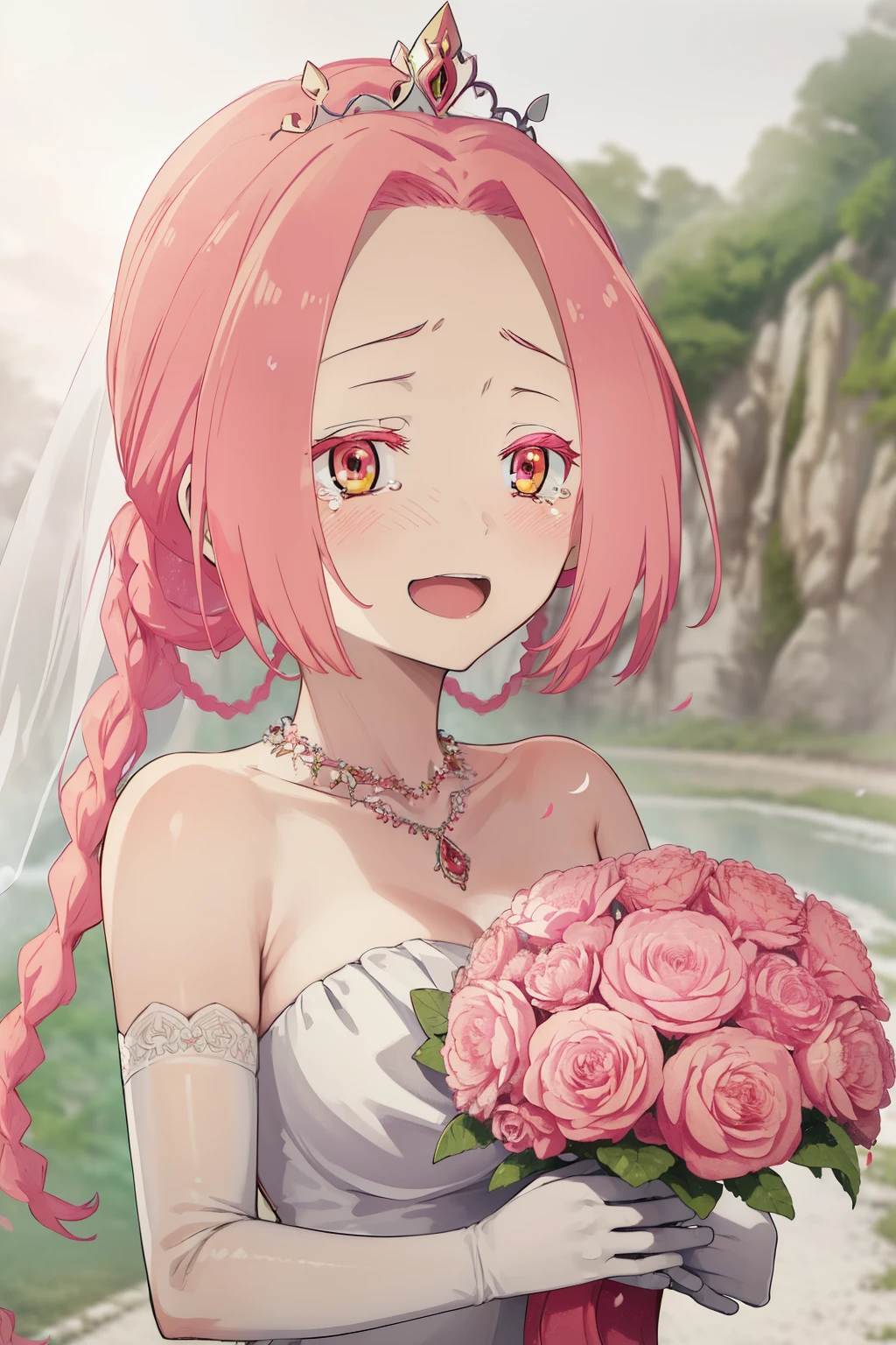 masterpiece, best quality, highres, aaichika,  tiara, bridal veil, necklace, cleavage, wedding dress, strapless dress, white dress, white gloves, elbow gloves, garden on background, smile, open mouth, tears, upper body, confetti, holding bouquet, bouquet, beatrix amerhauser, mei, pink hair, braid, gloves,