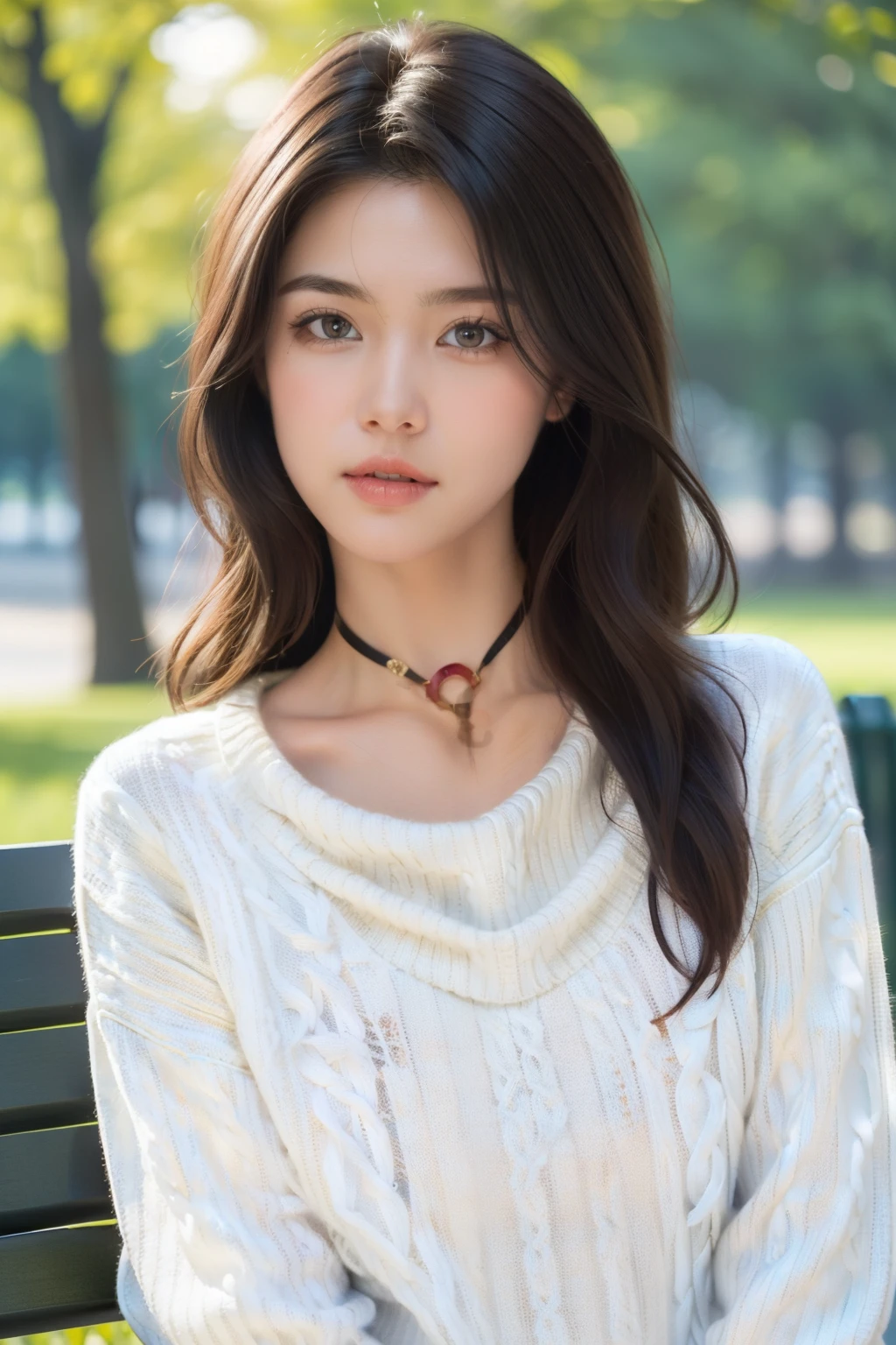 Best Quality, Photorealistic, 8K, hight resolution, fulcolor, 1girl in, Woman, 20yr old female, (Skindentation), (Portrait:0.6), Trees, park bench, Daylight, ((Park background:1.52)), fulcolor, ((Neck sweater:1.68)), straight look at viewer:1.8, (1girl eyes looking at viewer:1.55), (medium lenght hair, A dark-haired, parted hair:1.45), (Bokeh),