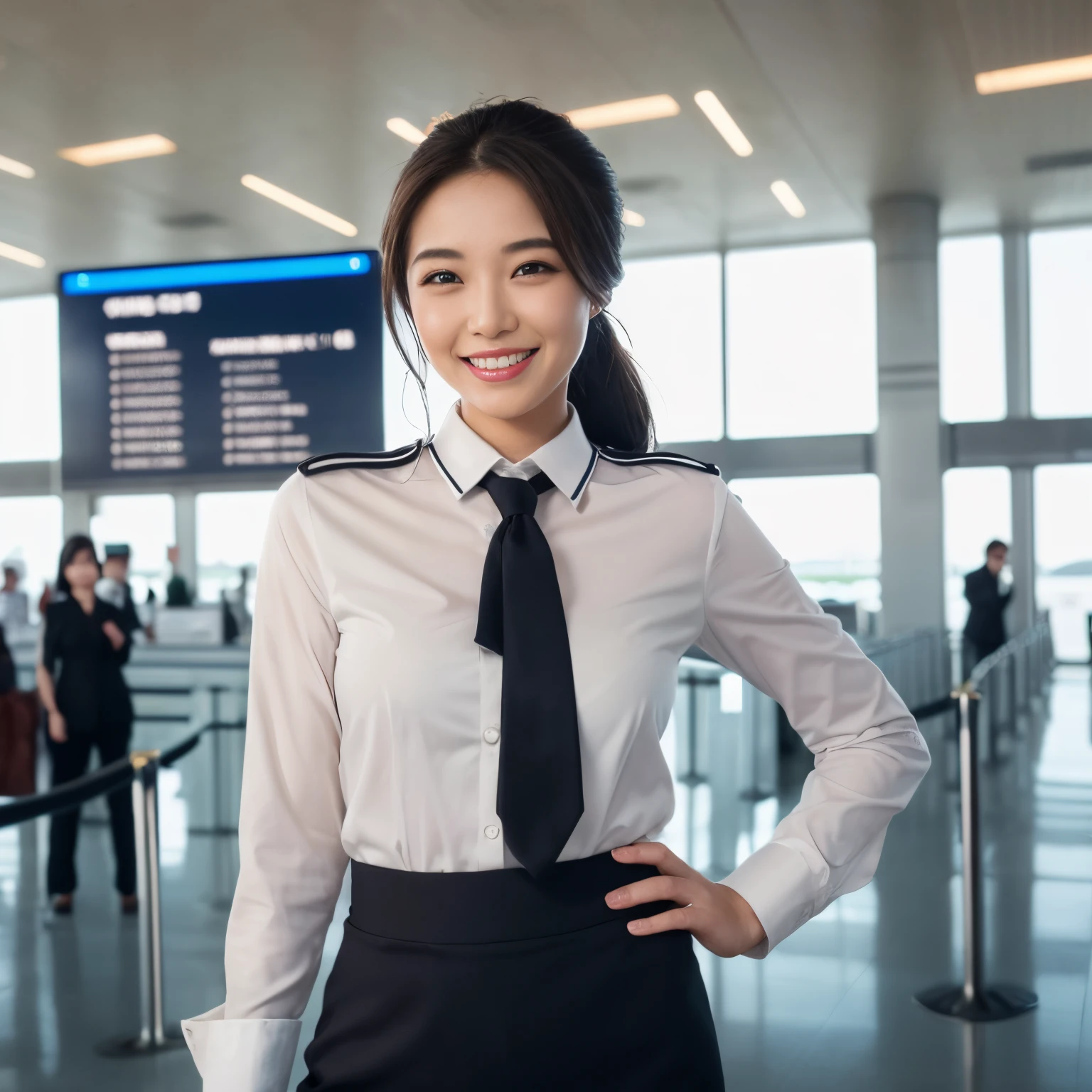 ((top-quality、masutepiece、8K、Top image quality、Hyper-Realism))、(1 female ground staff、Stand at the airport、cowboy  shot、photo of her from the waist up)、((The location is the airport、Woman working at the airport、Recreate a perfect and detailed airport interior))、((perfect stewardess uniform、chignon))、The Biggest Smile、white big teeth、Perfect makeup、long eyelashes、View me、smile your best smile、perfect anatomia、Bright lighting