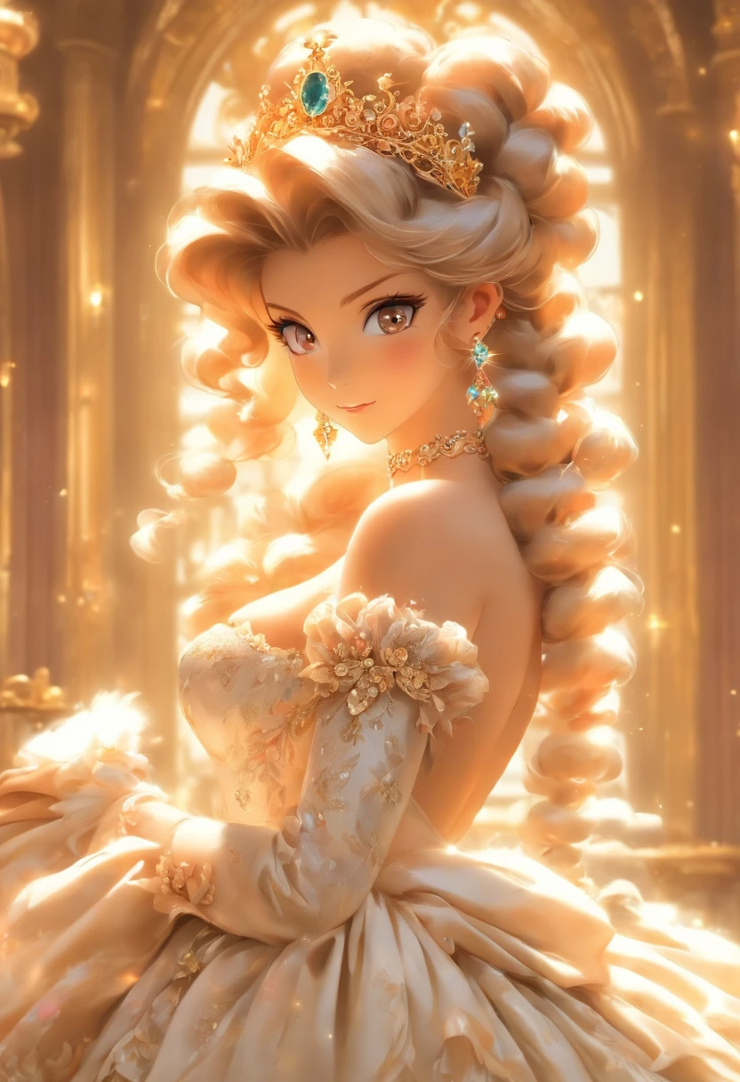 ((Anime art style)),(Masterpiece),(Best quality),(Super detail),(Very delicate and beautiful),Solo,((full bodyesbian,stand posture)),Standing in the royal palace,((1 queen in a rococo jewelry dress,Wear yours with a voluminous full-length hoop skirt)),(crinoline),Gorgeous embroidery,((Gorgeous gemstone jewelry)),Detailed face and eyes,Jewel-like eyes,((Plenty of straight hair,Extra-long fluffy hair)),((huge tit,long breasts,skin indentation)),Gorgeous embroidery,cleavage,Extremely gorgeous hair accessories,(Extremely gorgeous gemstone tiara,dourados cintilantes),Gorgeous corsage,(Dynamic Angle),view the viewer,((full bodyesbian))