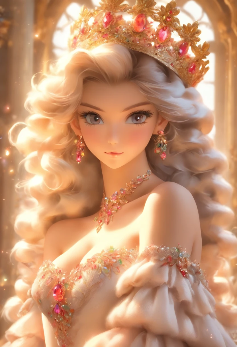 ((Anime art style)),(Masterpiece),(Best quality),(Super detail),(Very delicate and beautiful),Solo,((full bodyesbian,stand posture)),Standing in the royal palace,((1 queen in a rococo jewelry dress,Wear yours with a voluminous full-length hoop skirt)),(crinoline),Gorgeous embroidery,((Gorgeous gemstone jewelry)),Detailed face and eyes,Jewel-like eyes,((Plenty of straight hair,Extra-long fluffy hair)),((huge tit,long breasts,skin indentation)),Gorgeous embroidery,cleavage,Extremely gorgeous hair accessories,(Extremely gorgeous gemstone tiara,dourados cintilantes),Gorgeous corsage,(Dynamic Angle),view the viewer,((full bodyesbian))