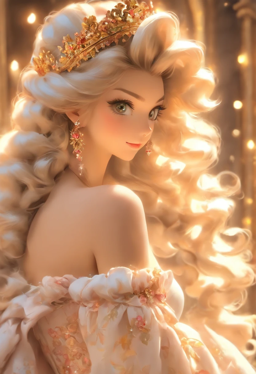 ((Anime art style)),(Masterpiece),(Best quality),(Super detail),(Very delicate and beautiful),Solo,((full bodyesbian,stand posture)),Standing in the royal palace,((1 queen in a rococo jewelry dress，Wear yours with a voluminous full-length hoop skirt)),(crinoline),Gorgeous embroidery,((Gorgeous gemstone jewelry)),Detailed face and eyes,Jewel-like eyes,((Plenty of straight hair,Extra-long fluffy hair)),((huge tit,long breasts,skin indentation)),Gorgeous embroidery,cleavage,Extremely gorgeous hair accessories,(Extremely gorgeous gemstone tiara，dourados cintilantes),Gorgeous corsage,(Dynamic Angle),view the viewer,((full bodyesbian))