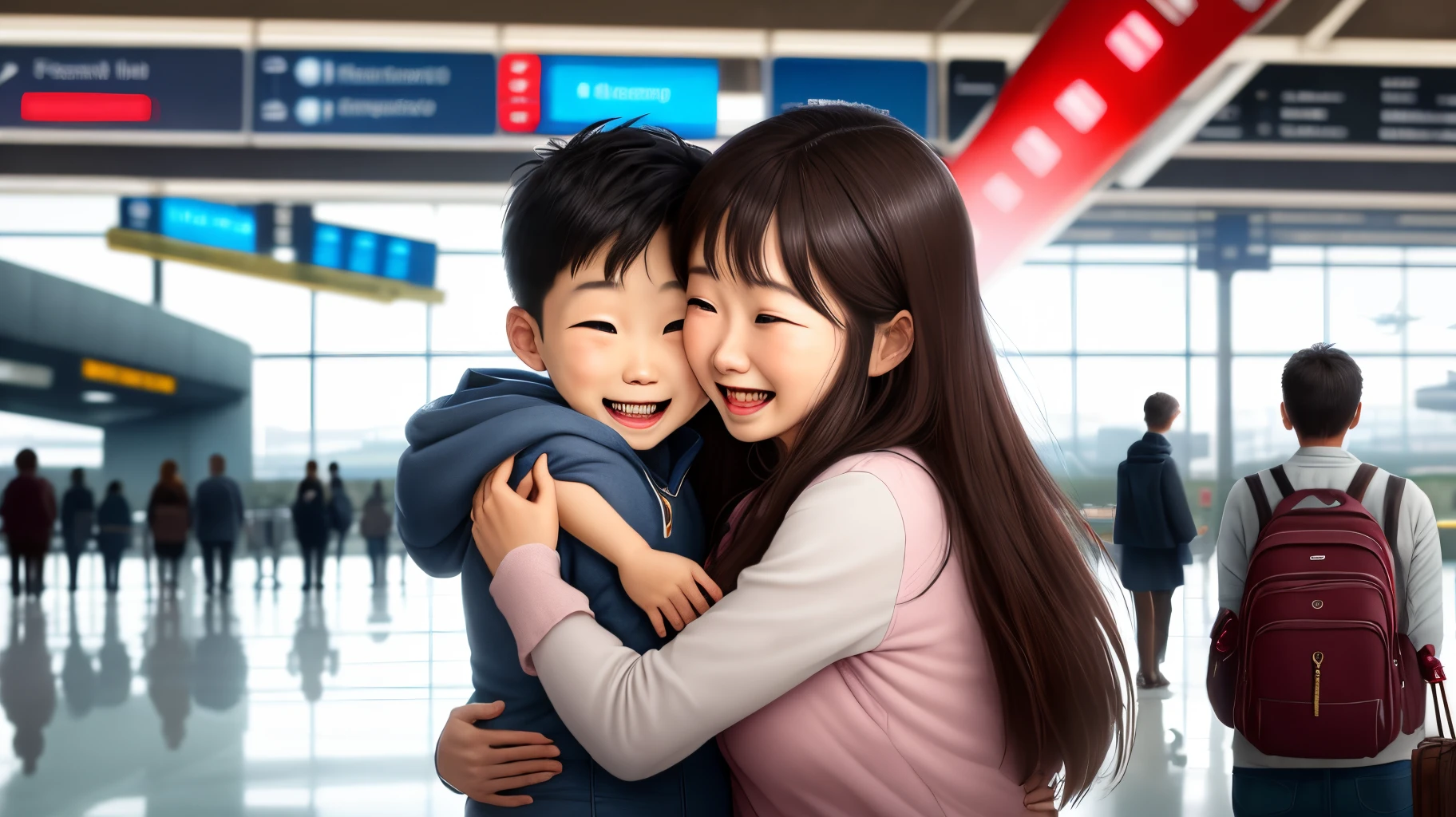 Family reunited after a long time at an airport
