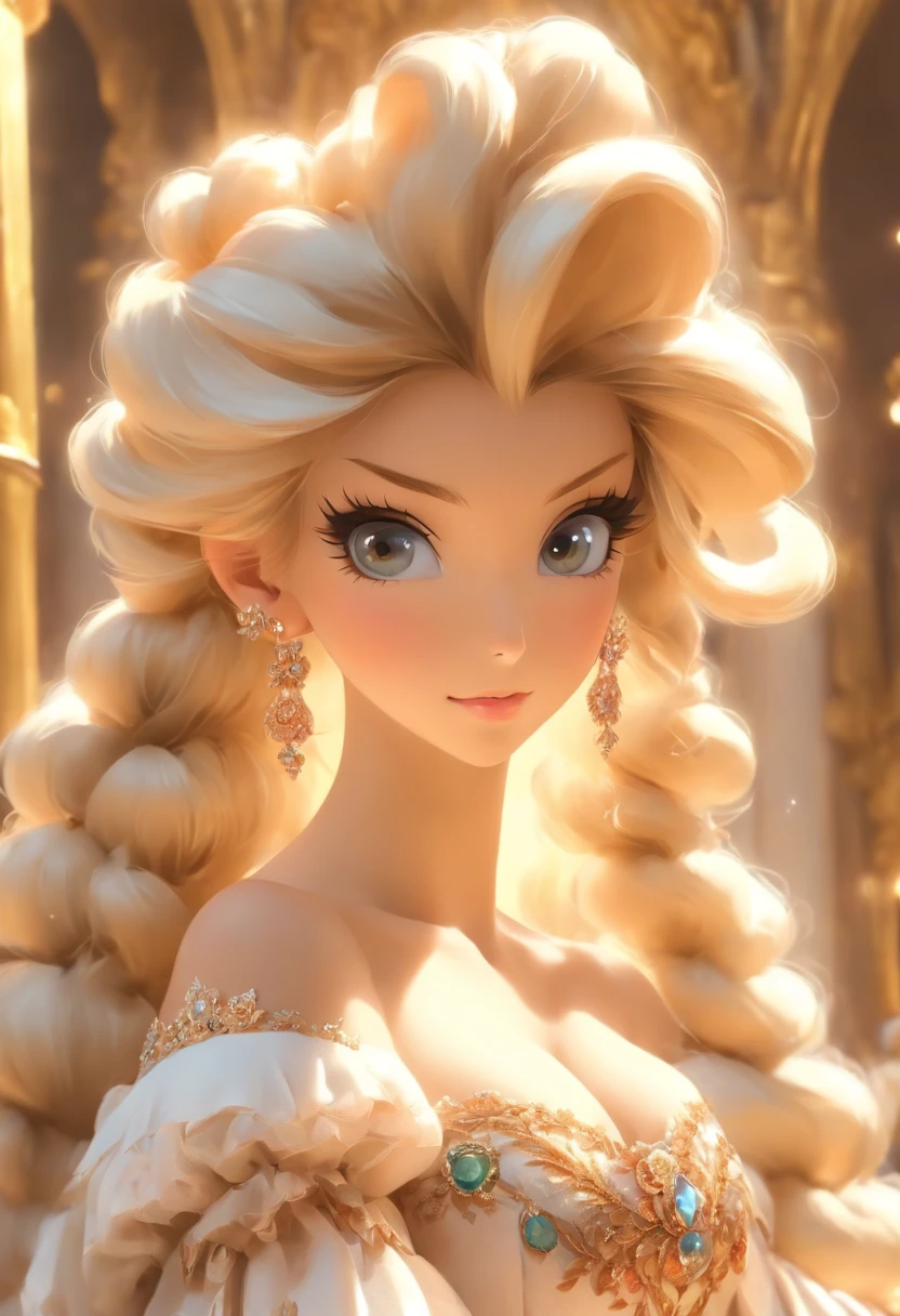 ((Anime art style)),(Masterpiece),(Best quality),(Super detail),(Very delicate and beautiful),Solo,((full bodyesbian,stand posture)),Standing in the royal palace,((1 queen in a rococo jewelry dress,Wear yours with a voluminous full-length hoop skirt)),(crinoline),Gorgeous embroidery,((Gorgeous gemstone jewelry)),Detailed face and eyes,Jewel-like eyes,((Plenty of straight hair,Extra-long fluffy hair)),((huge tit,long breasts,skin indentation)),Gorgeous embroidery,cleavage,Extremely gorgeous hair accessories,(Extremely gorgeous gemstone tiara,dourados cintilantes),Gorgeous corsage,(Dynamic Angle),view the viewer,((full bodyesbian))